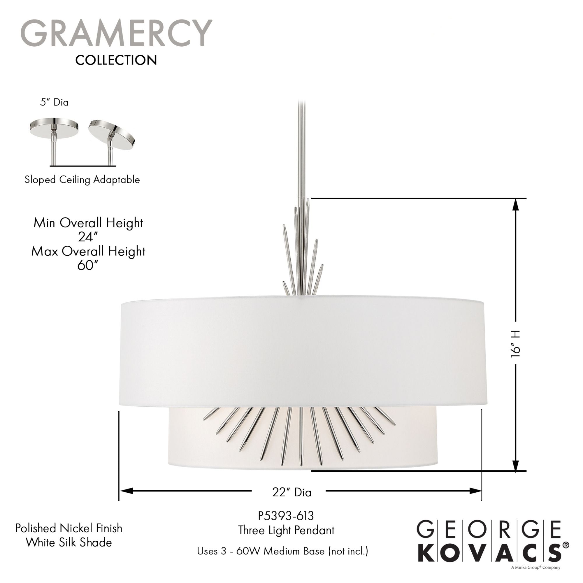 George Kovacs Gramercy 16 in. 3-Light Pendant, Polished Nickel with White Silk Drum Shade