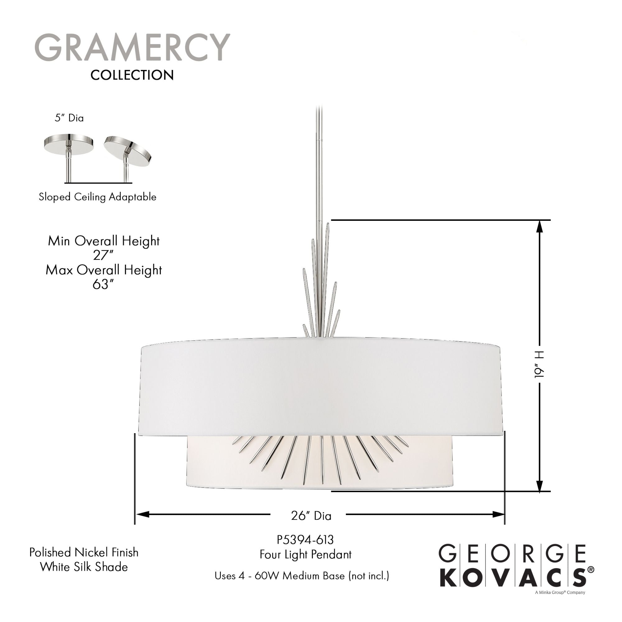 George Kovacs Gramercy 25.88 in. 4-Light Pendant, Polished Nickel with White Silk Drum Shade