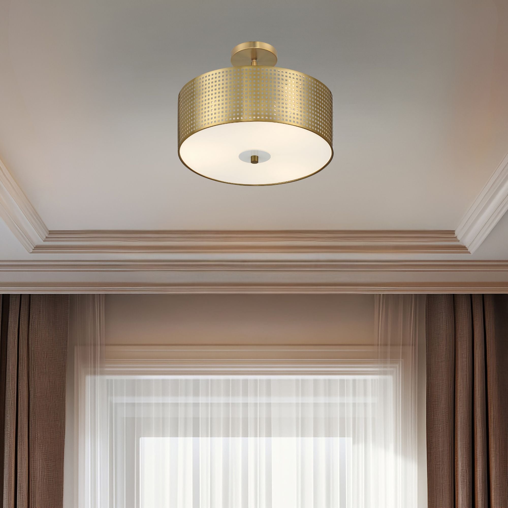 Grid 16" 3-Light Semi-Flush Mount, Soft Brass Finish