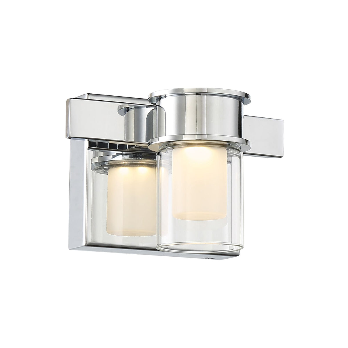 Chrome LED vanity light with clear glass cylinder shades, wall sconce.