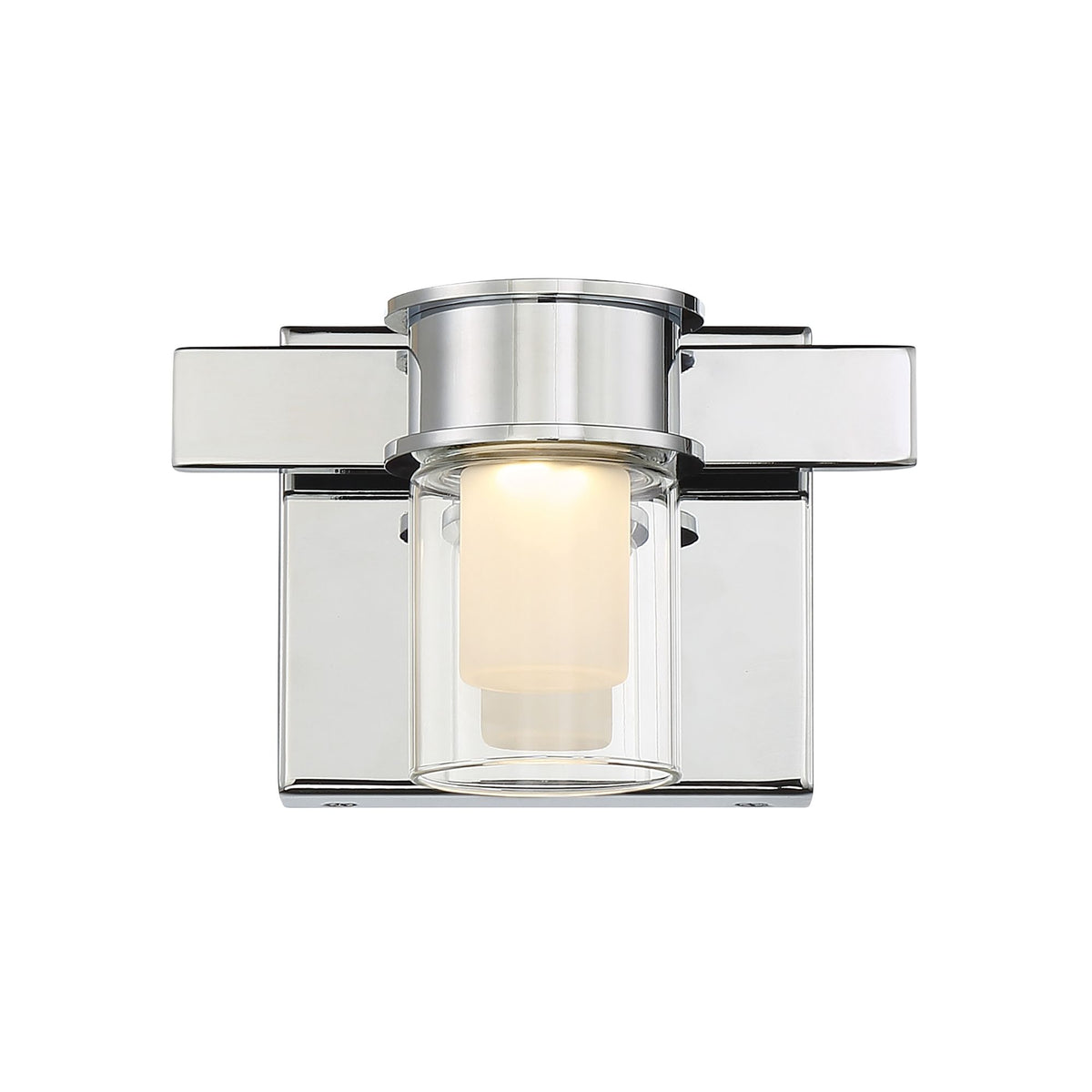 Chrome LED bathroom vanity light with clear glass cylinder shade and horizontal arms.