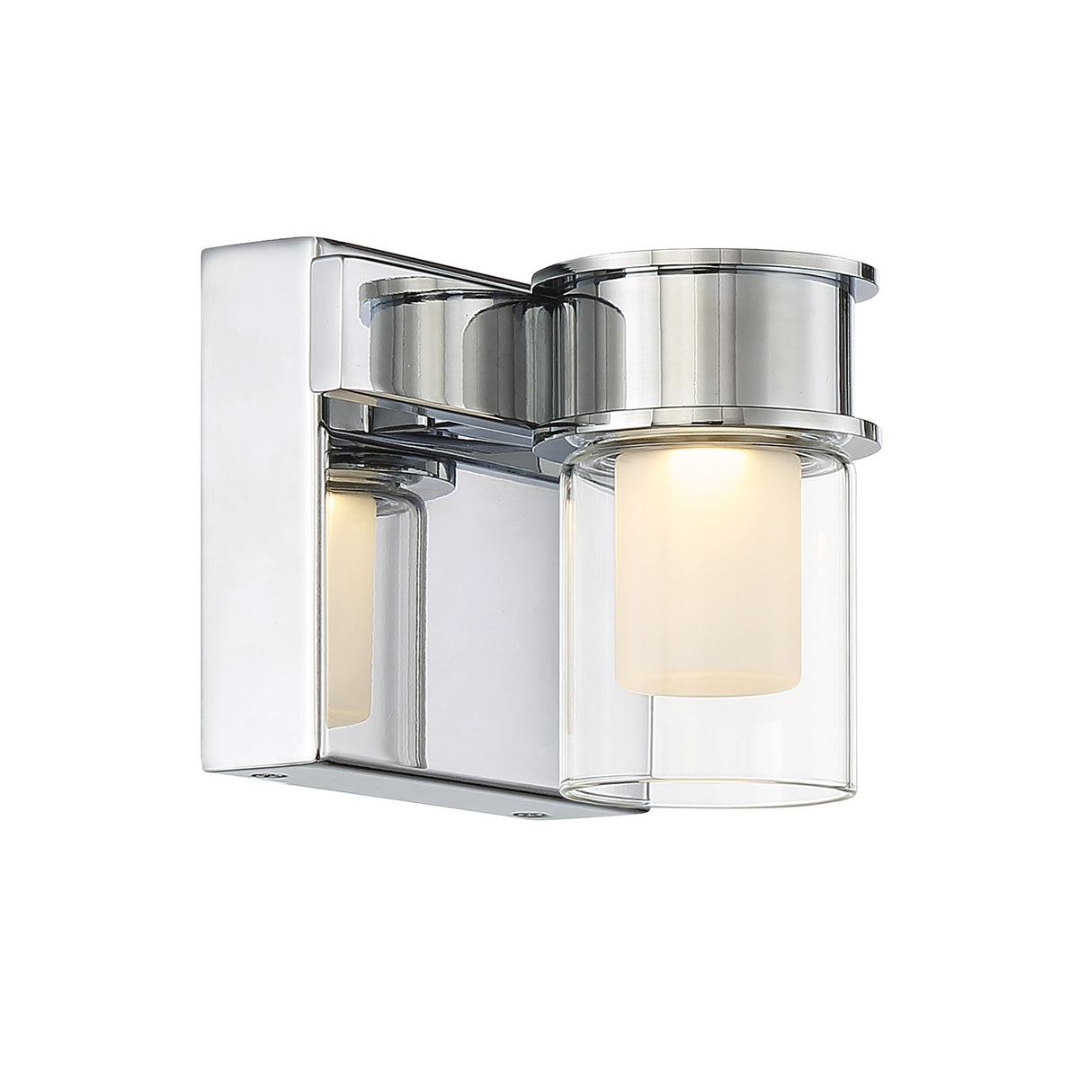 Chrome LED vanity light with clear glass cylinder shade and glossy top ring detail.