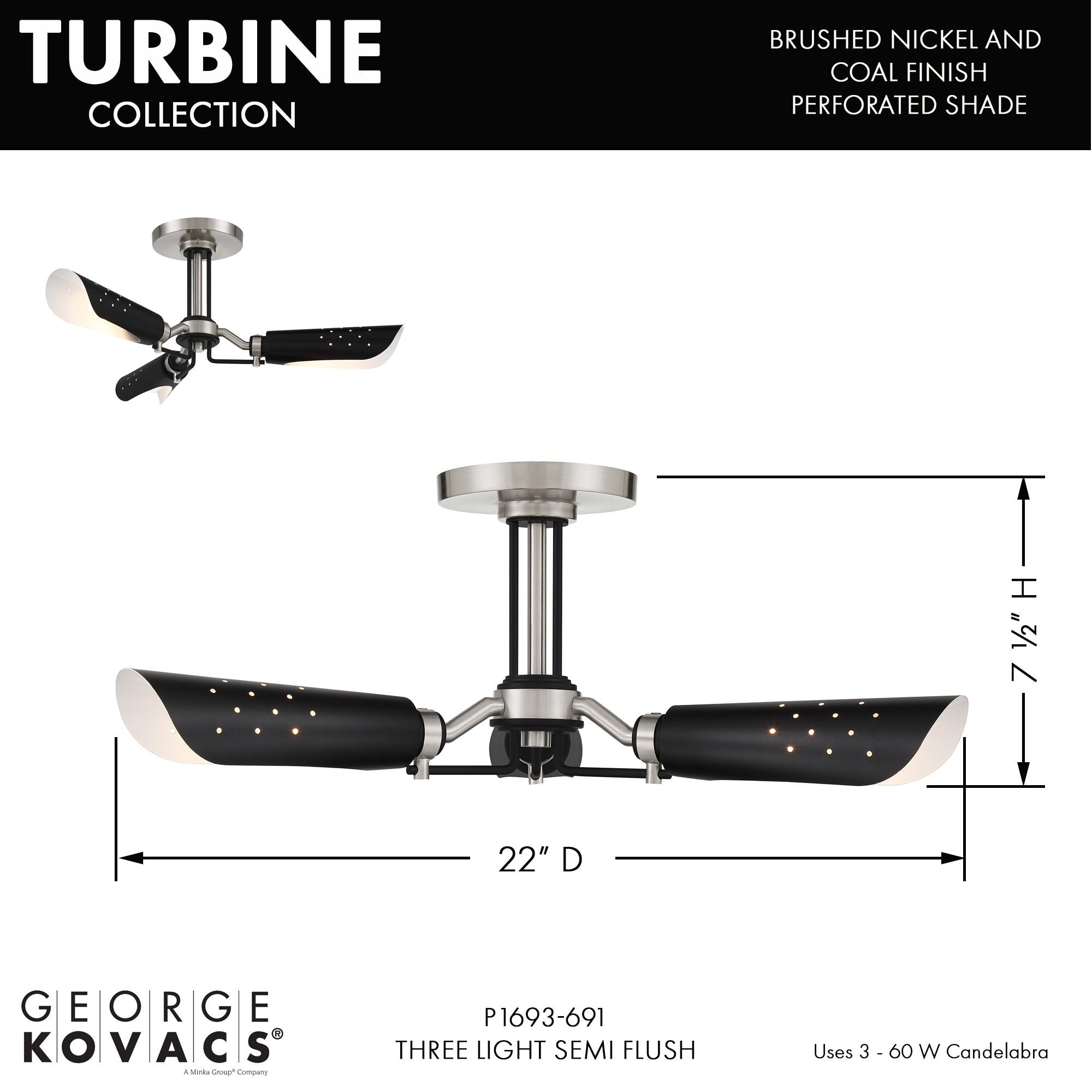Turbine 22" 3-Light Semi-Flush Mount, Coal & Brushed Nickel Finish