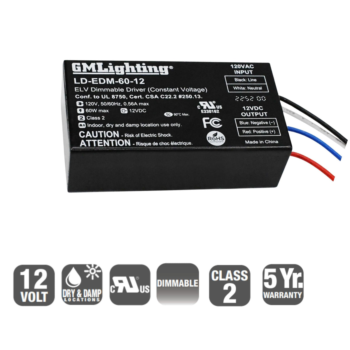 GM Lighting LineDRIVE Mini Case 60W 12VDC LED Driver ELV Dimmable