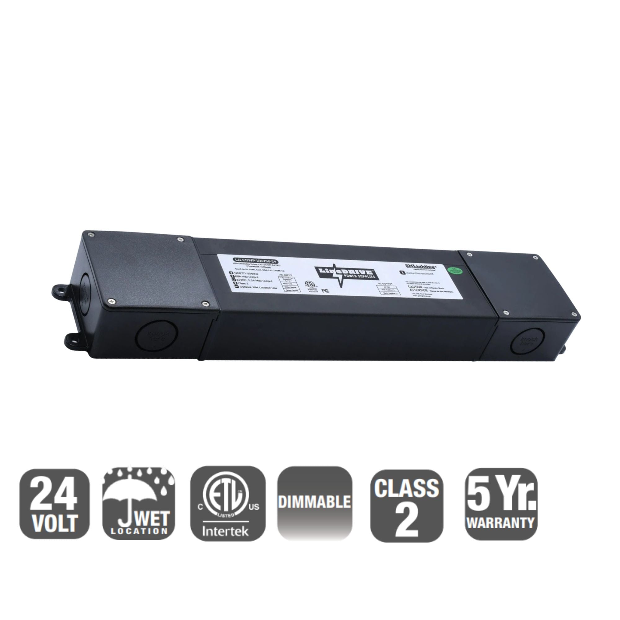 GM Lighting LineDRIVE 60W LED Driver, 24V DC, ELV/TRIAC Dimming, Integrated Junction Box, Indoor/Outdoor, 120-277V