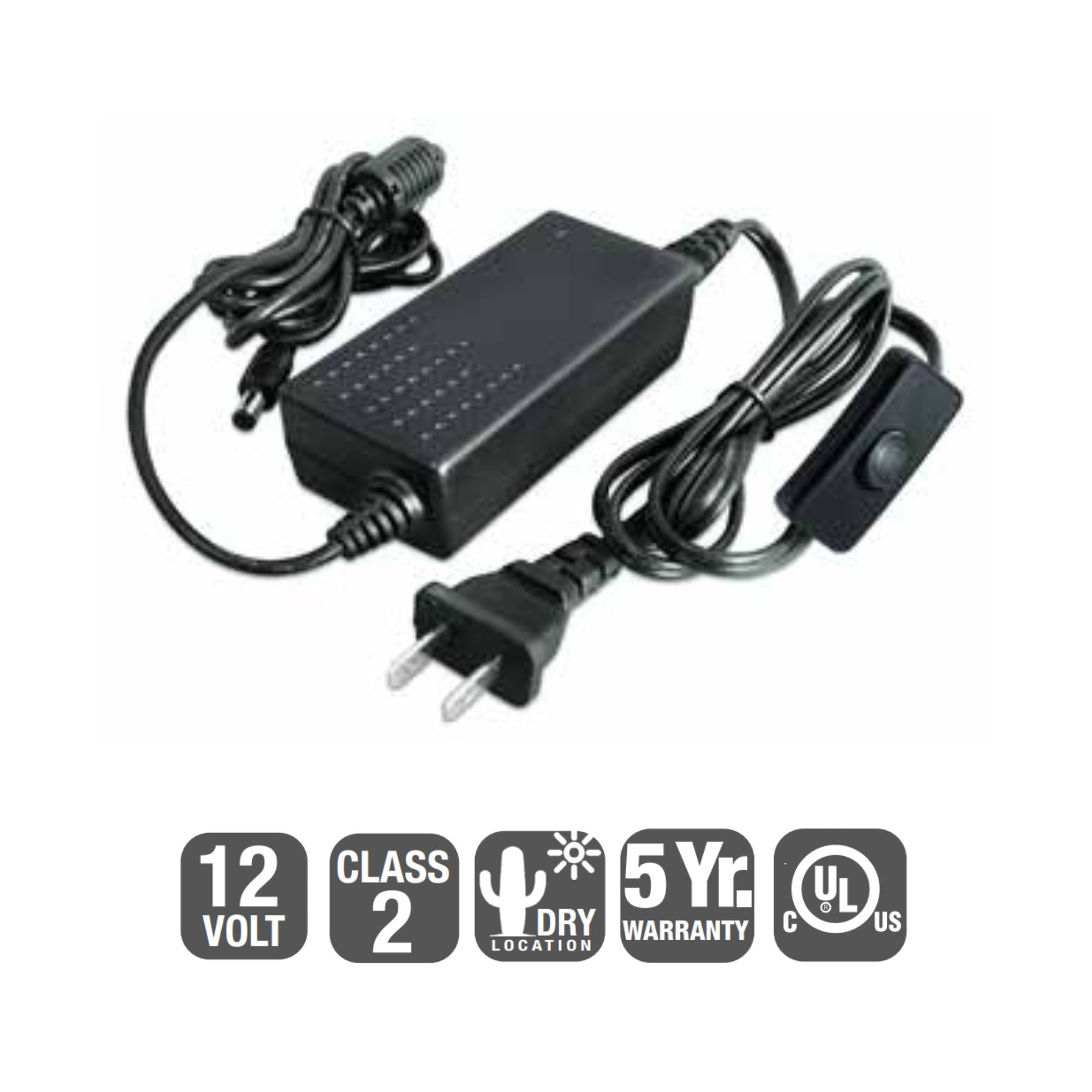 GM Lighting - LTP 60 Watts, 12VDC LED Driver with Inline Switch and Plug, 120V Input | Bees Lighting