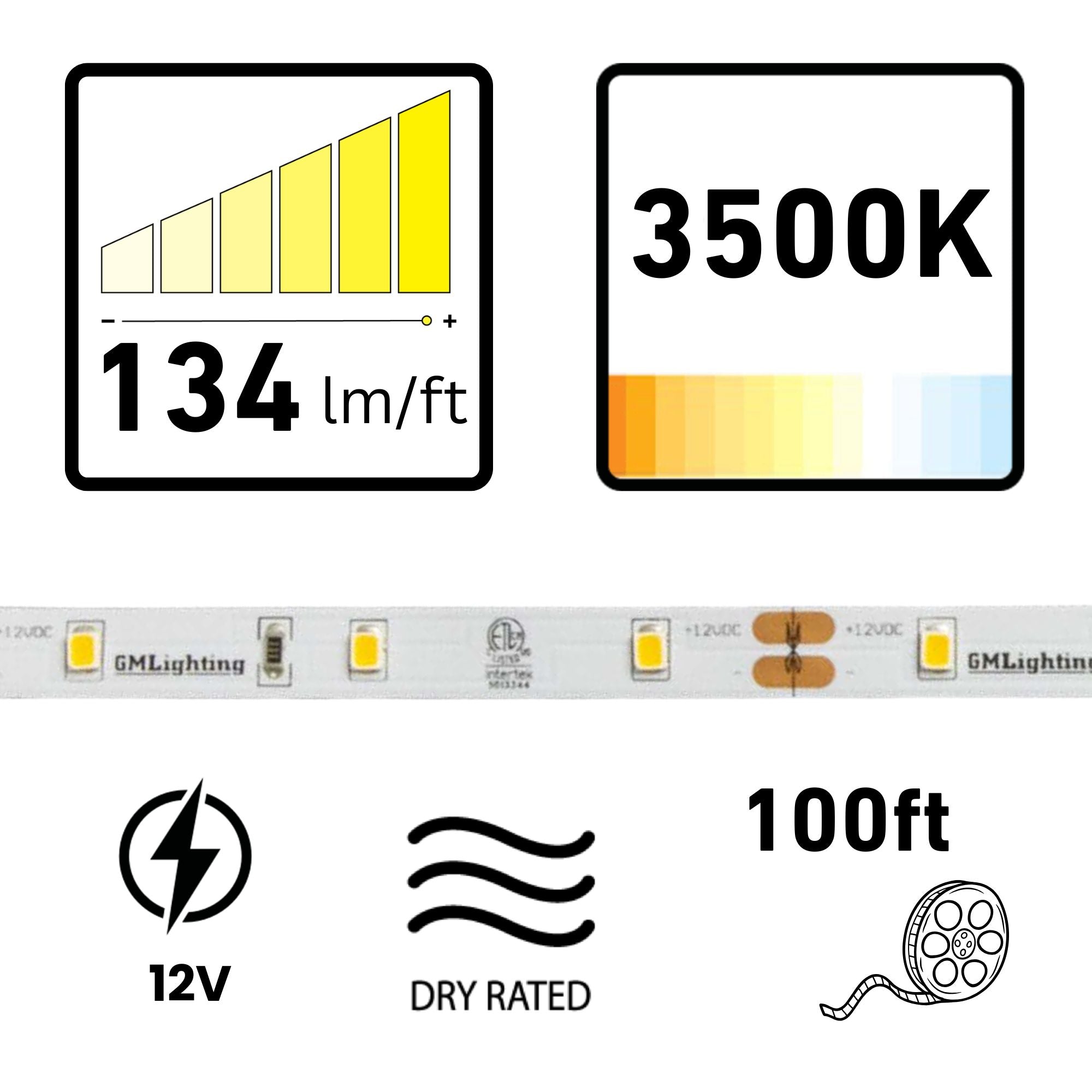 GM Lighting LTR-E ECONO, 98'-6' LED Tape Light, 3500K, 134 Lumens/ft, 12V