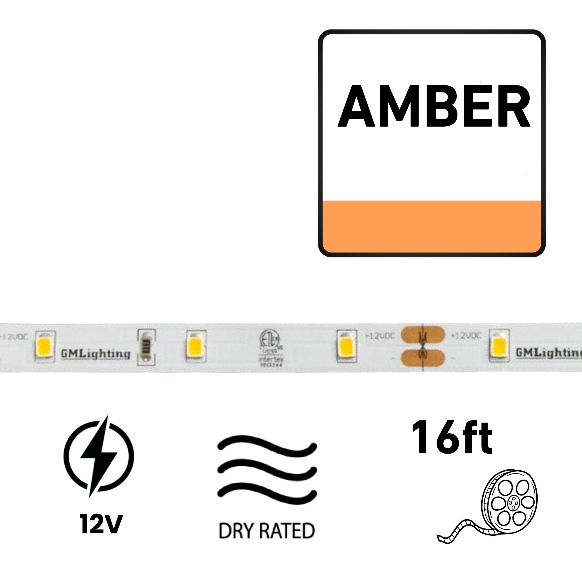 GM Lighting LTR-E ECONO, 16'-4' LED Tape Light, Amber, 12V, 1.5W/ft, Dry Rated, Dimmable