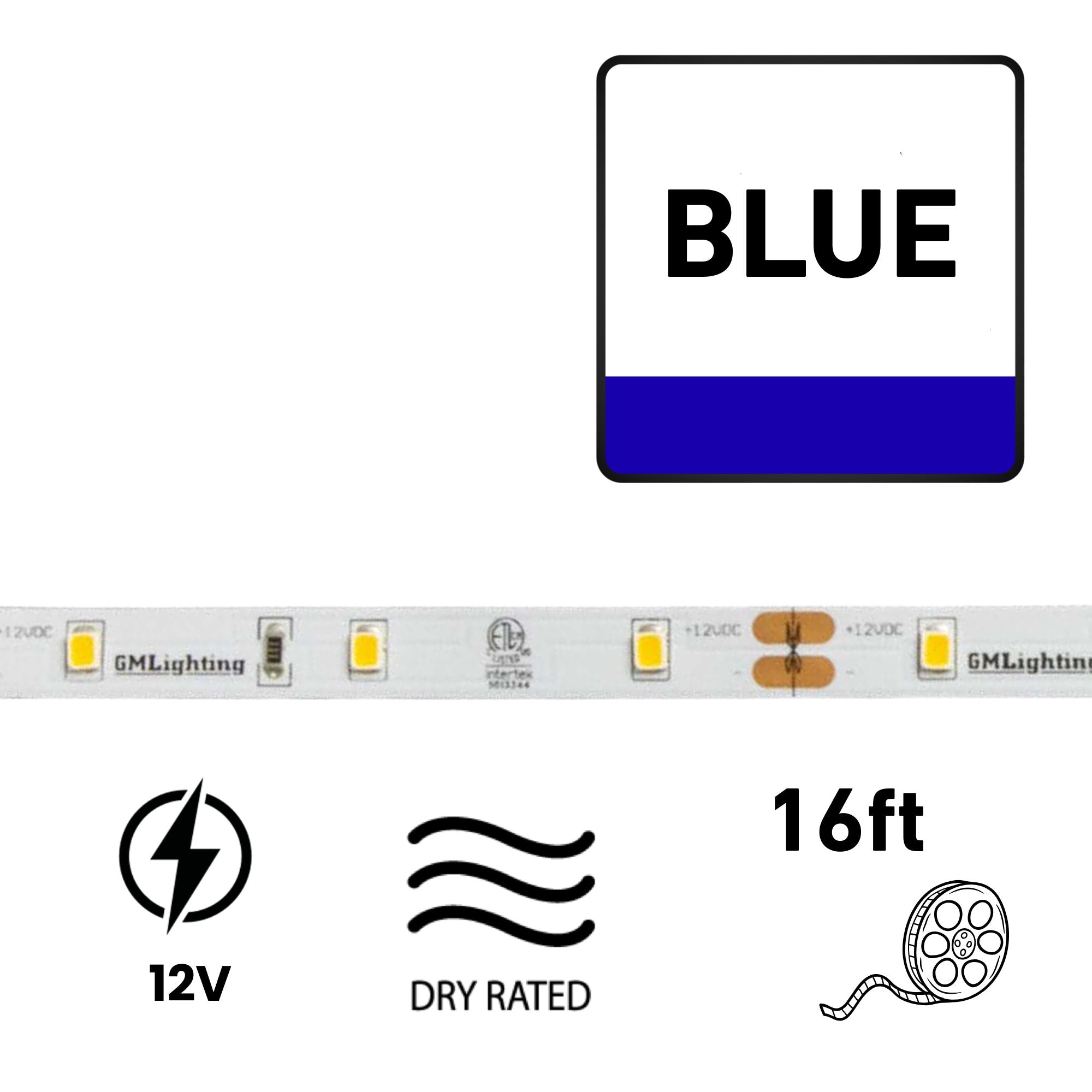 GM Lighting LTR-E ECONO, 16'-4' LED Tape Light, Blue, 1.5W/ft, 12V, Dry Rated, Dimmable