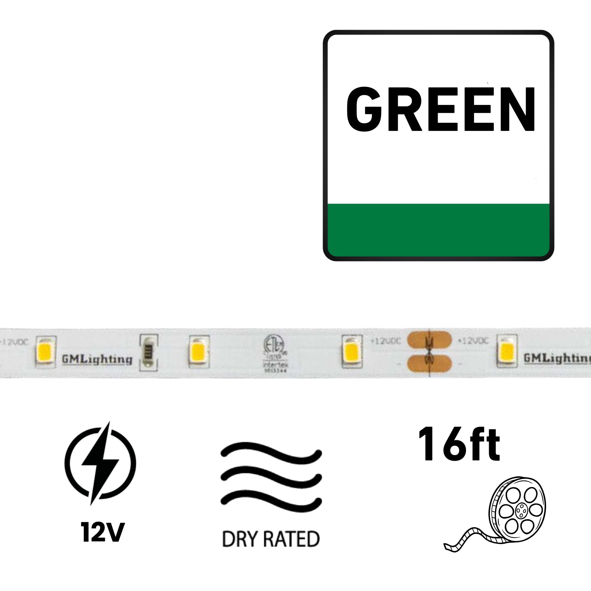 GM Lighting LTR-E ECONO, 16'-4' LED Tape Light, Green, 1.5W/ft, 12V, Dry Rated, Dimmable
