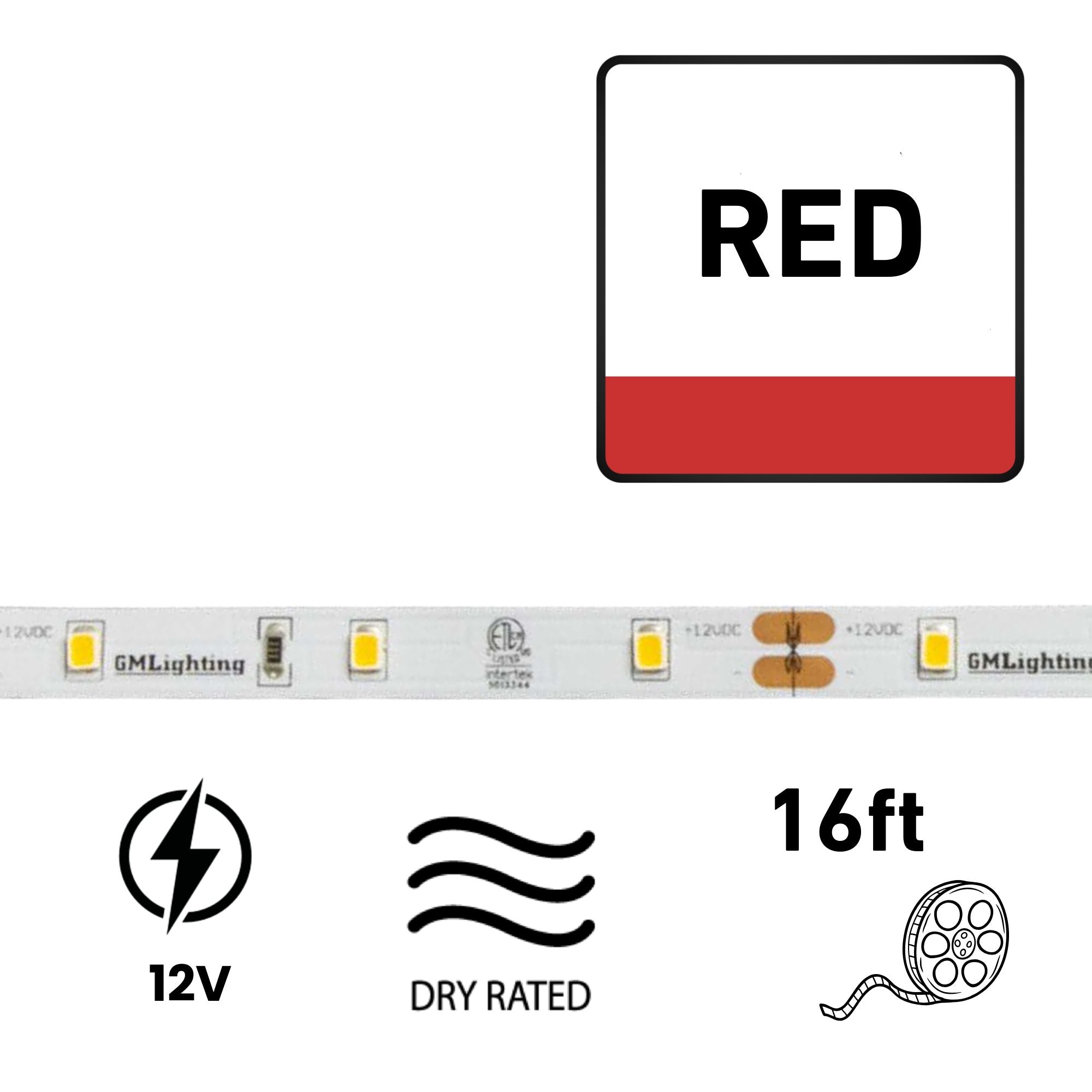 GM Lighting LTR-E ECONO, 16'-4' LED Tape Light, Red, 1.5W/ft, 12V, Dry Rated, Dimmable