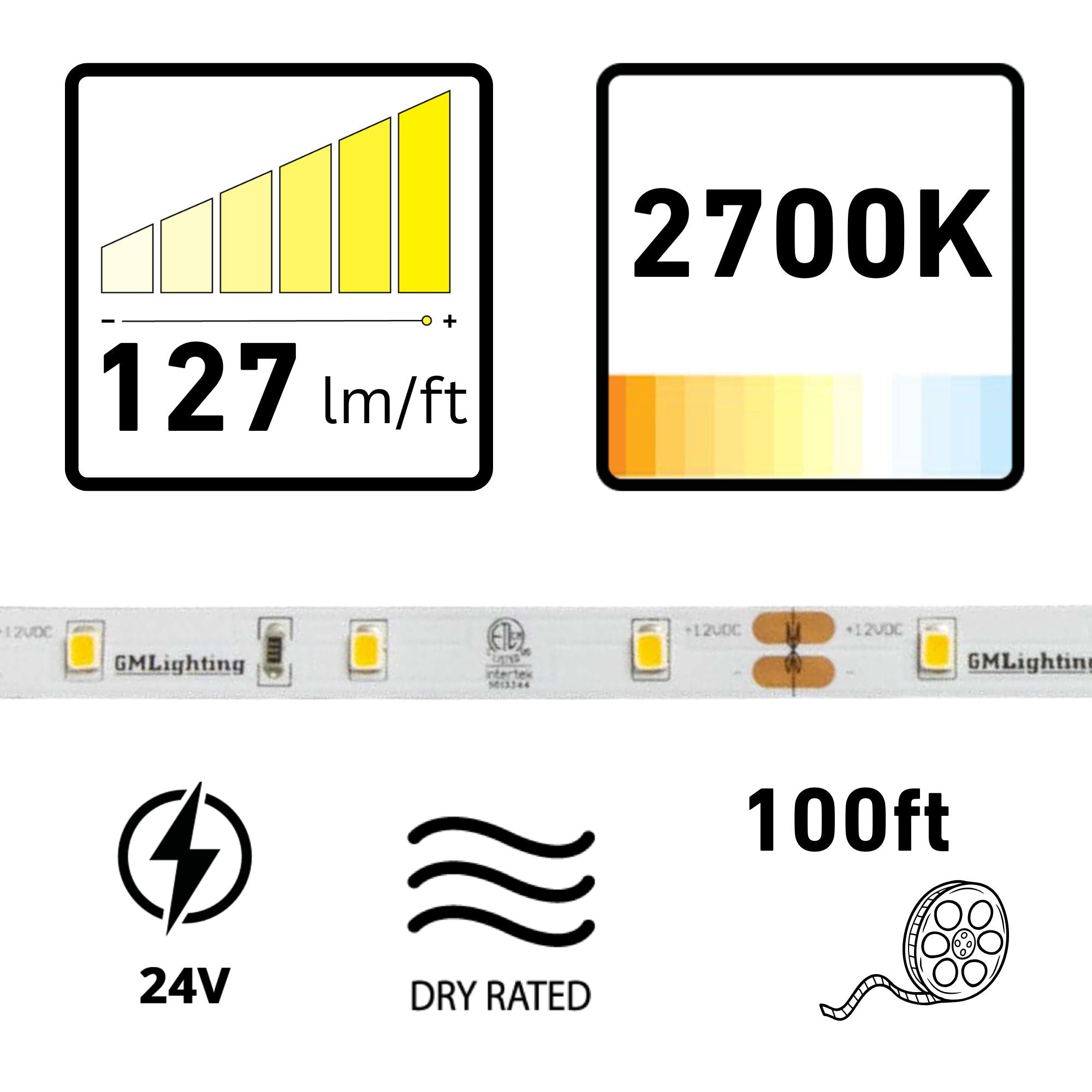 GM Lighting LTR-E ECONO, 98'-6' LED Tape Light, 2700K, 127 Lumens/ft, 24V