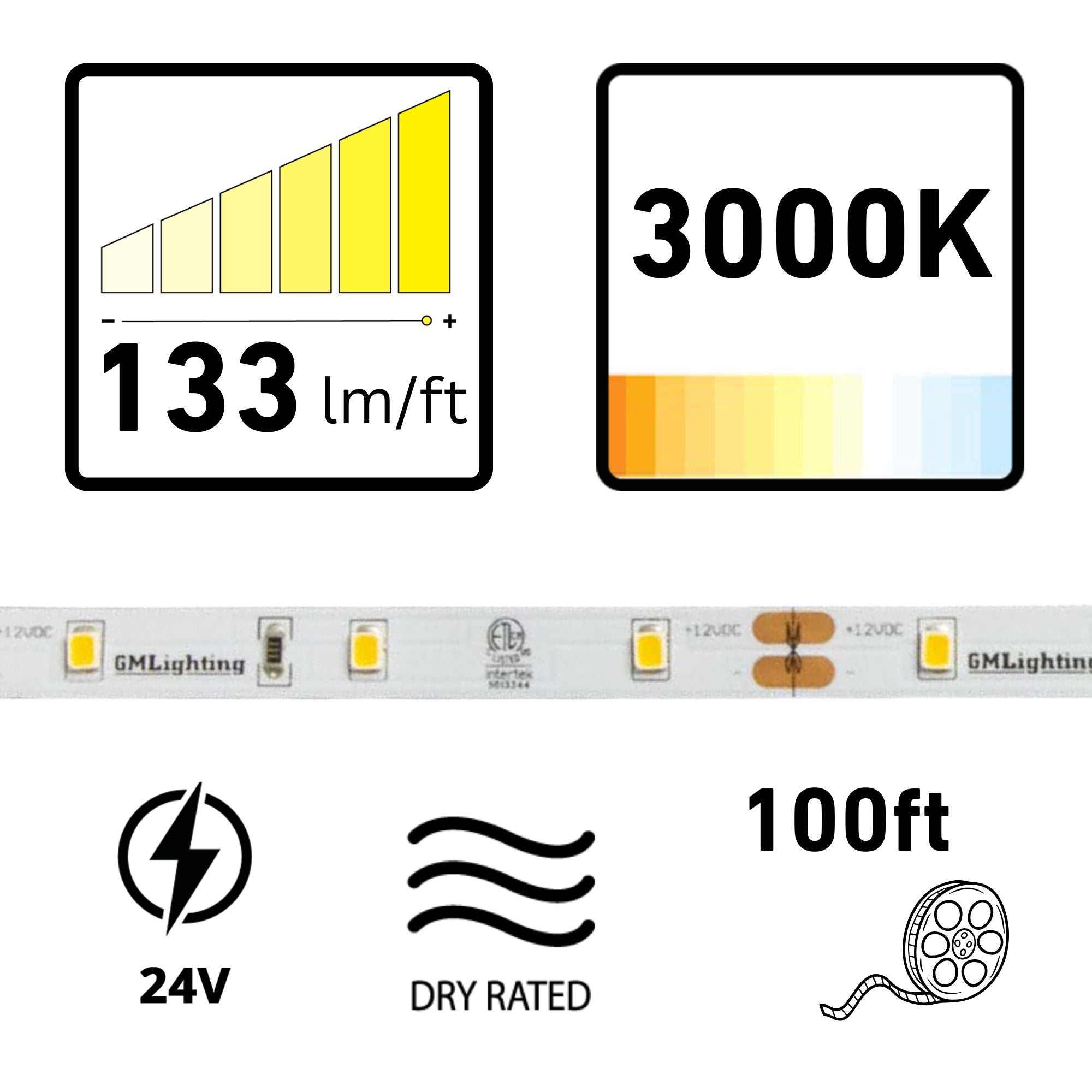 GM Lighting LTR-E ECONO, 98'-6' LED Tape Light, 3000K, 133 Lumens/ft, 24V