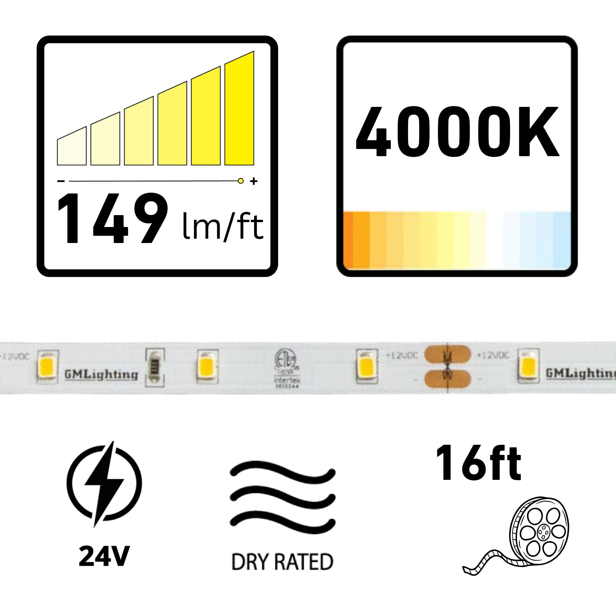 GM Lighting LTR-E ECONO, 16'-4' LED Tape Light, 4000K, 149 Lumens/ft, 24V