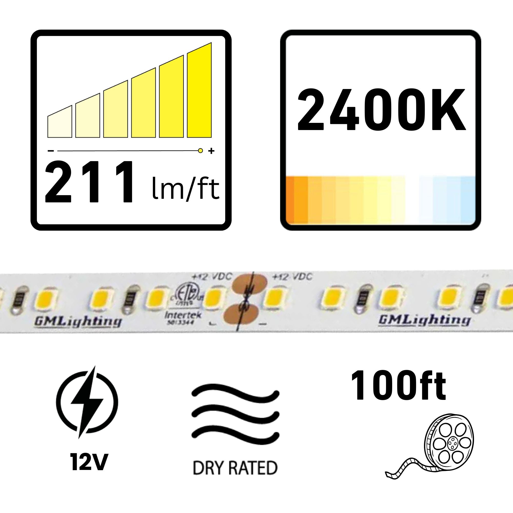 GM Lighting LTR-P PRO, 98'-6 in. LED Tape Light, 2400K, 211 Lumens/ft, 12V