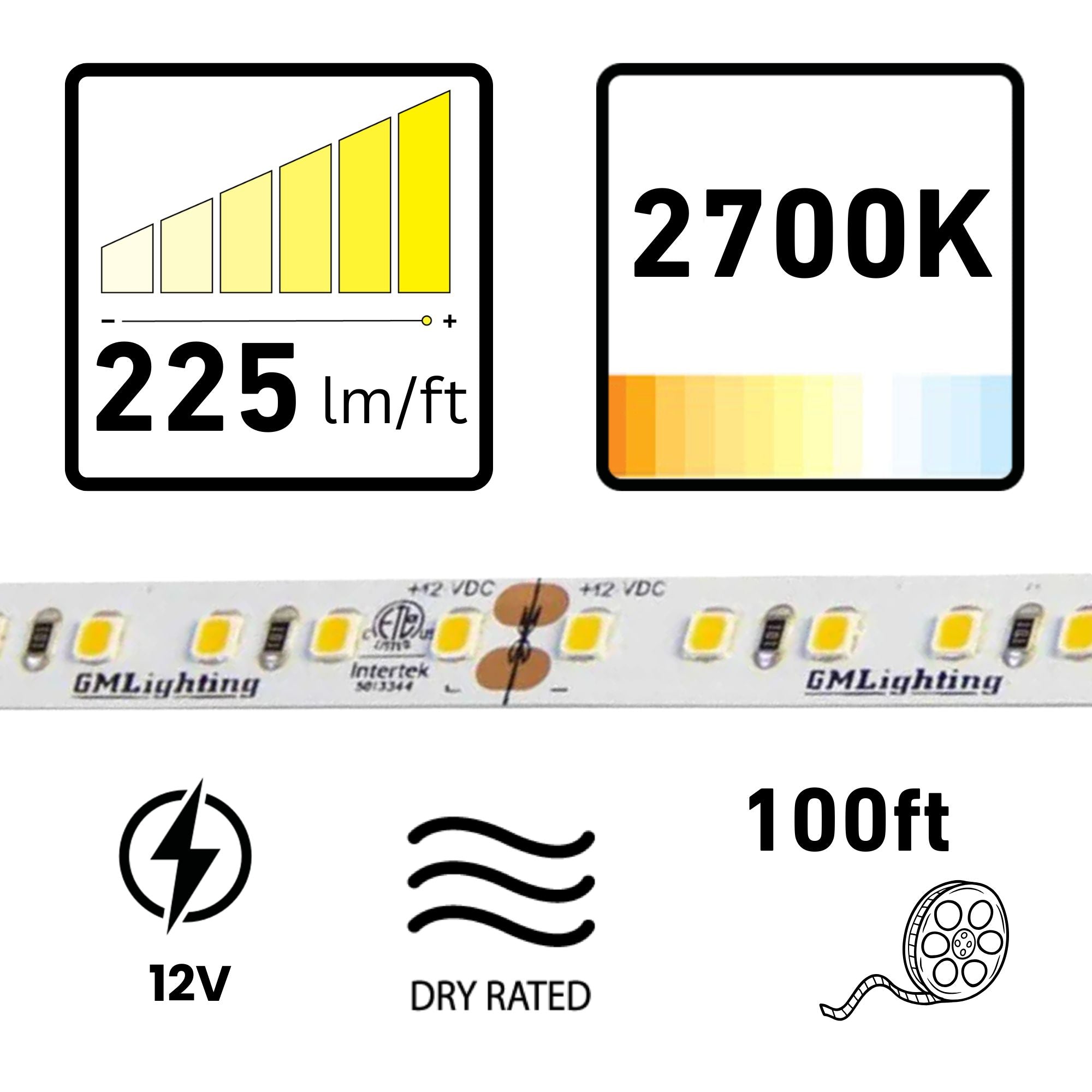 GM Lighting LTR-P PRO, 98'-6' LED Tape Light, 2700K, 225 Lumens/ft, 12V