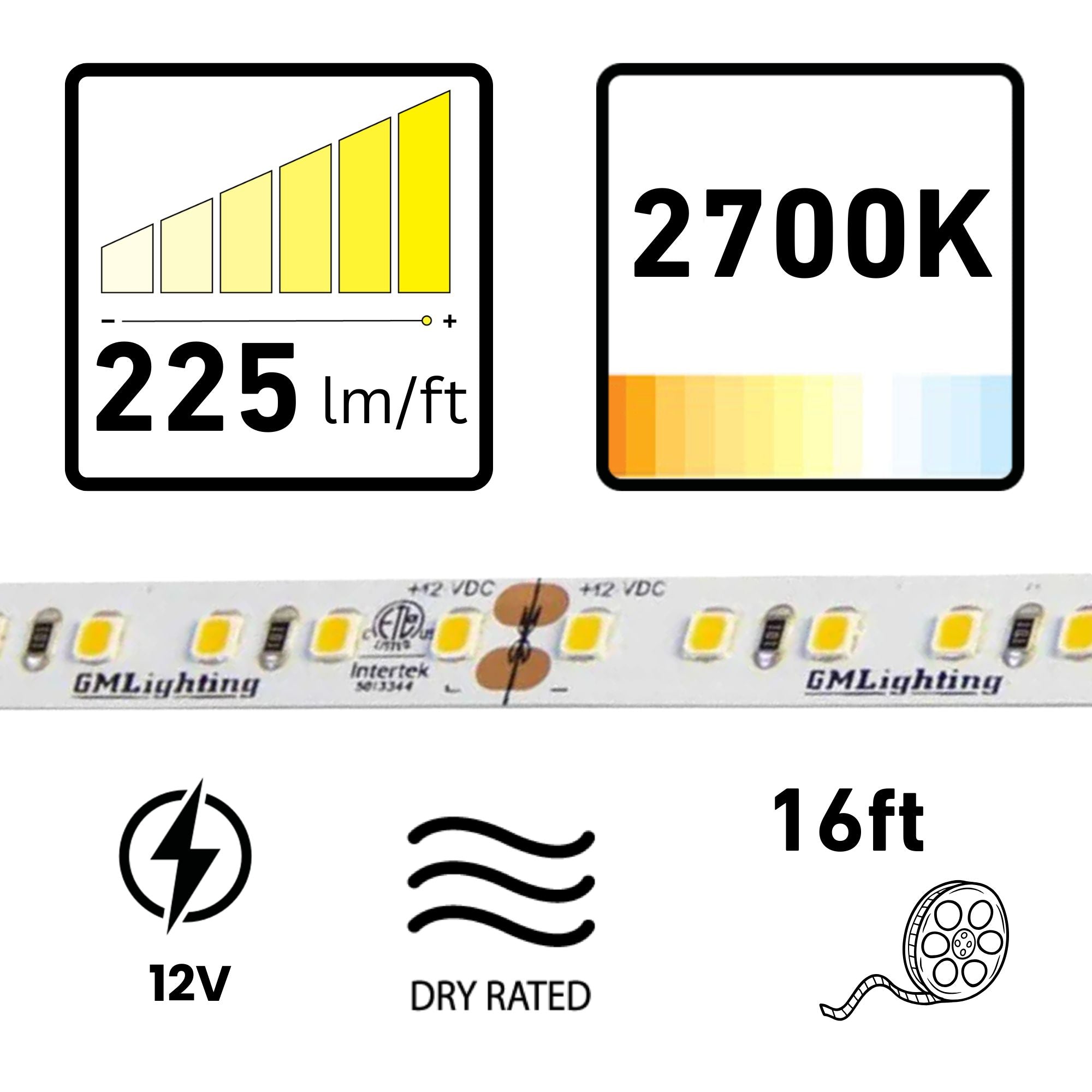 GM Lighting LTR-P PRO, 16'-4' LED Tape Light, 2700K, 225 Lumens/ft, 12V