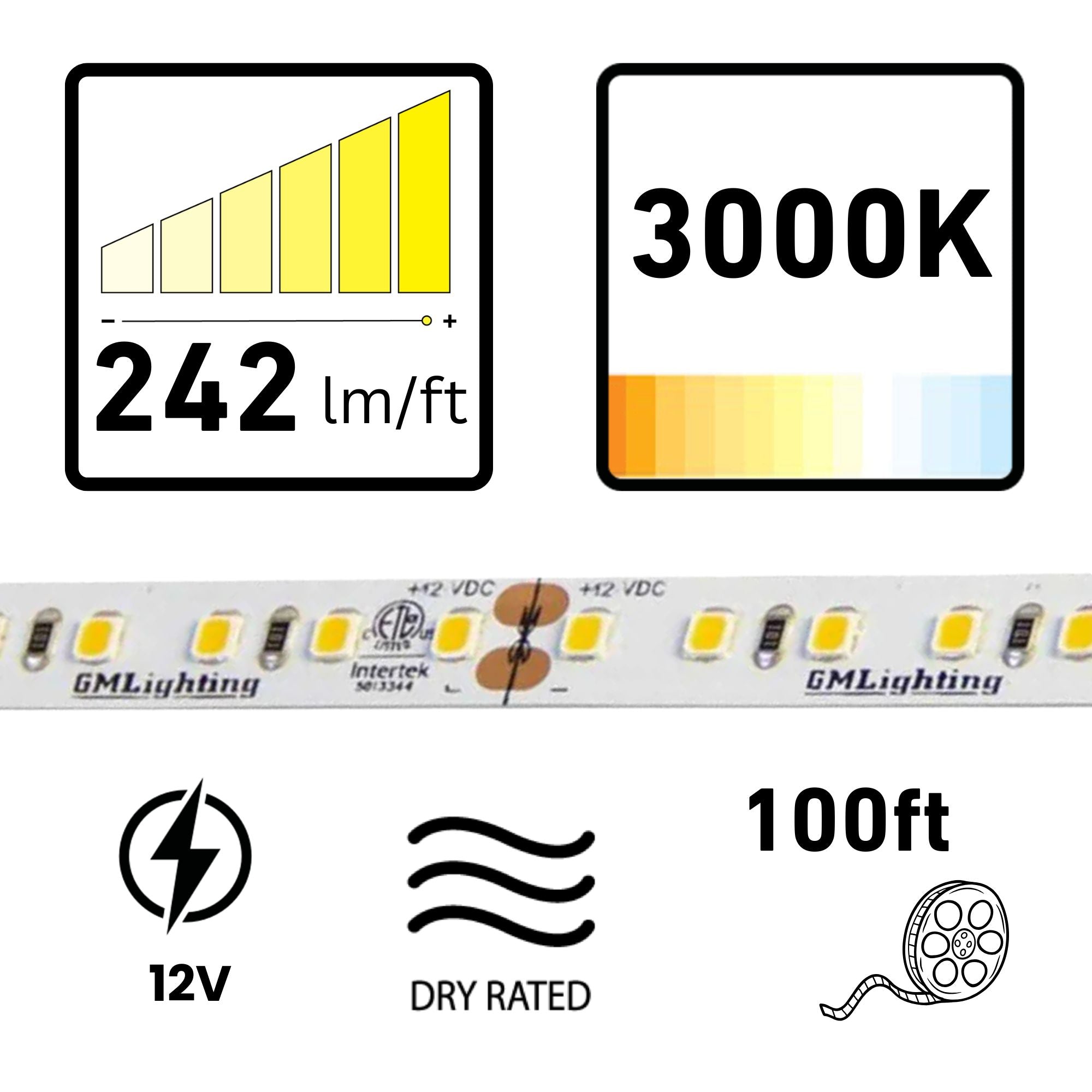 GM Lighting LTR-P PRO, 100 ft, LED Tape Light, 3000K, 242 Lumens/ft, 12V