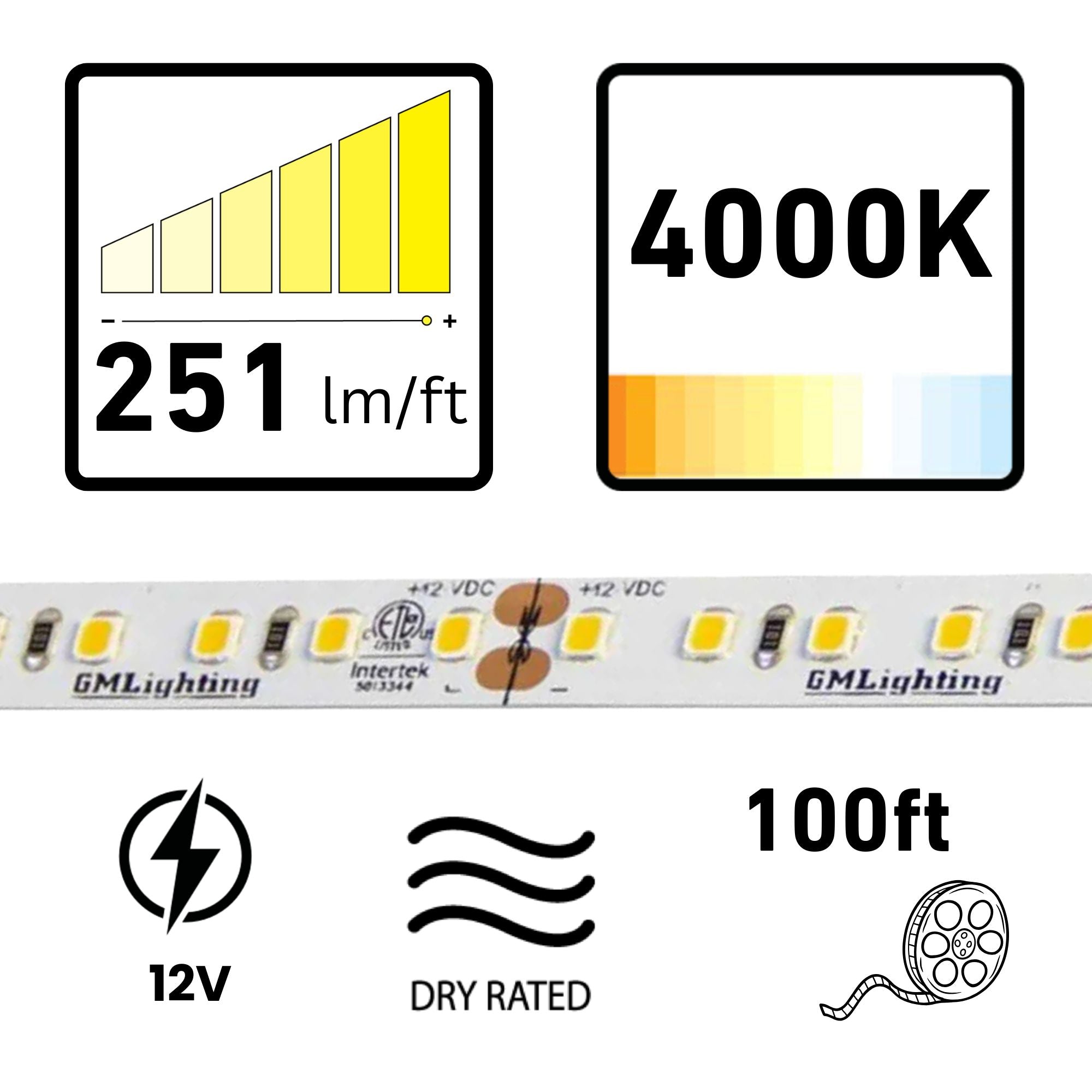 GM Lighting LTR-P PRO 98'-6" LED Tape Light, 4000K, 251 Lumens/ft, 12V