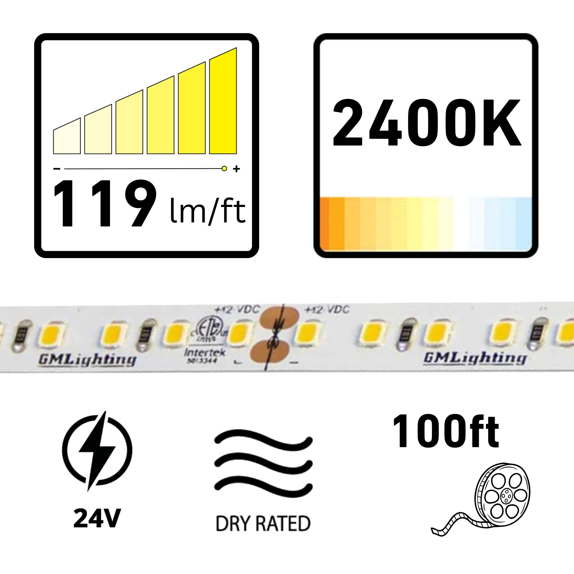 GM Lighting LTR-P PRO 98'-6' LED Tape Light, 2400K, 119 Lumens/ft, 24V