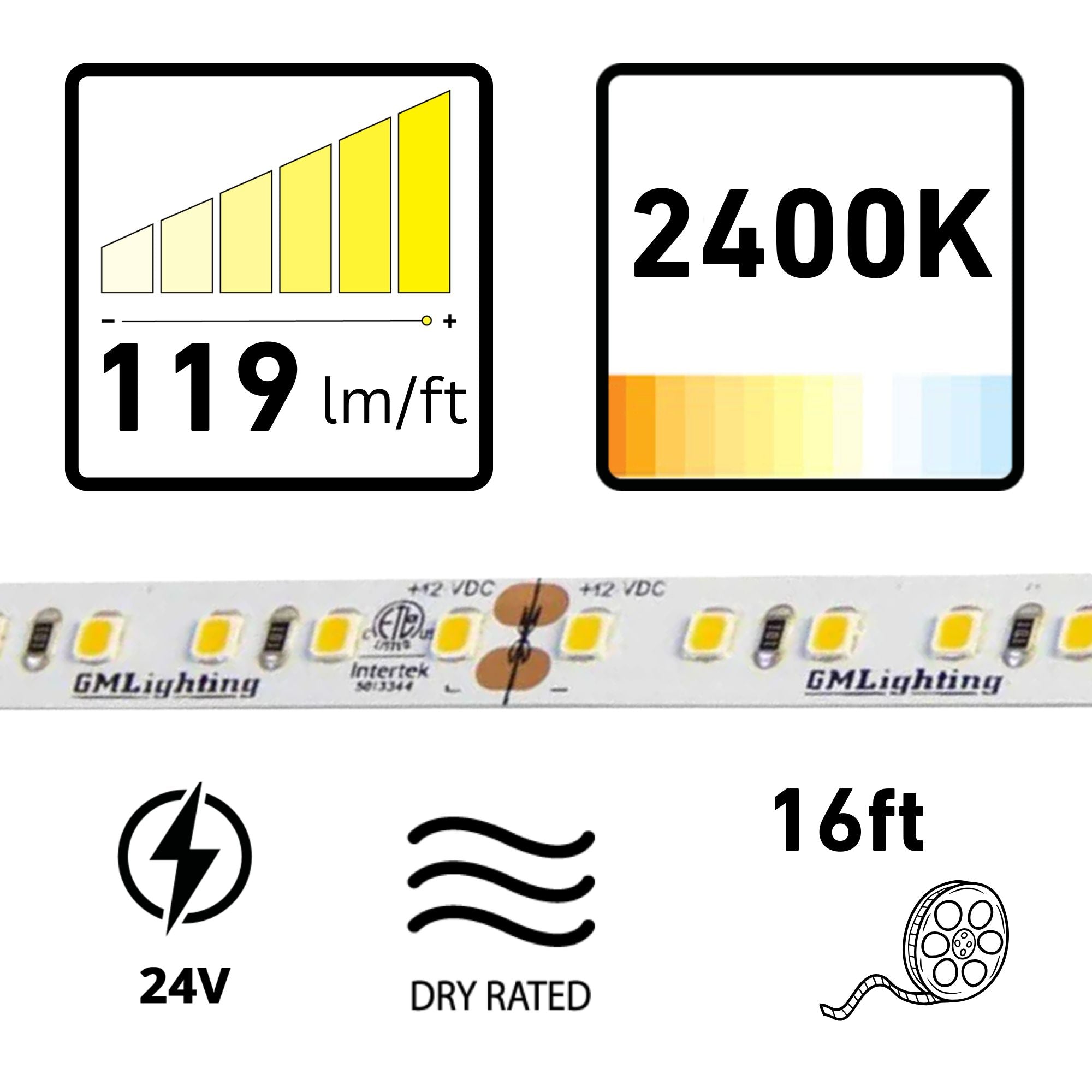 GM Lighting LTR-P PRO, 16'-4' LED Tape Light, 2400K, 119 Lumens/ft, 24V