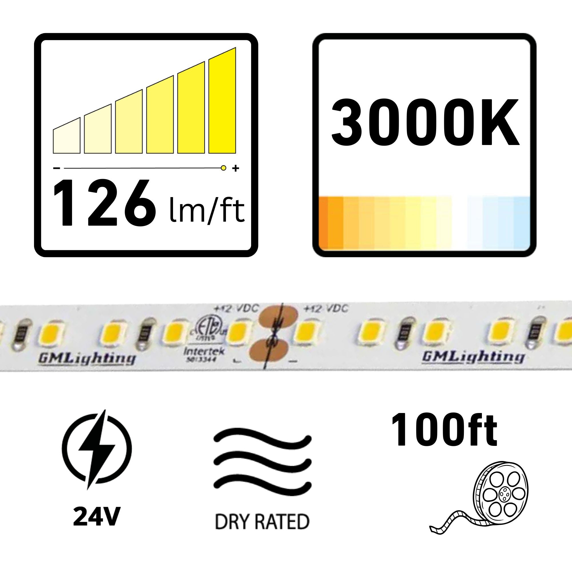 GM Lighting LTR-P PRO 100' LED Tape Light, 3000K, 126 Lumens/ft, 24V