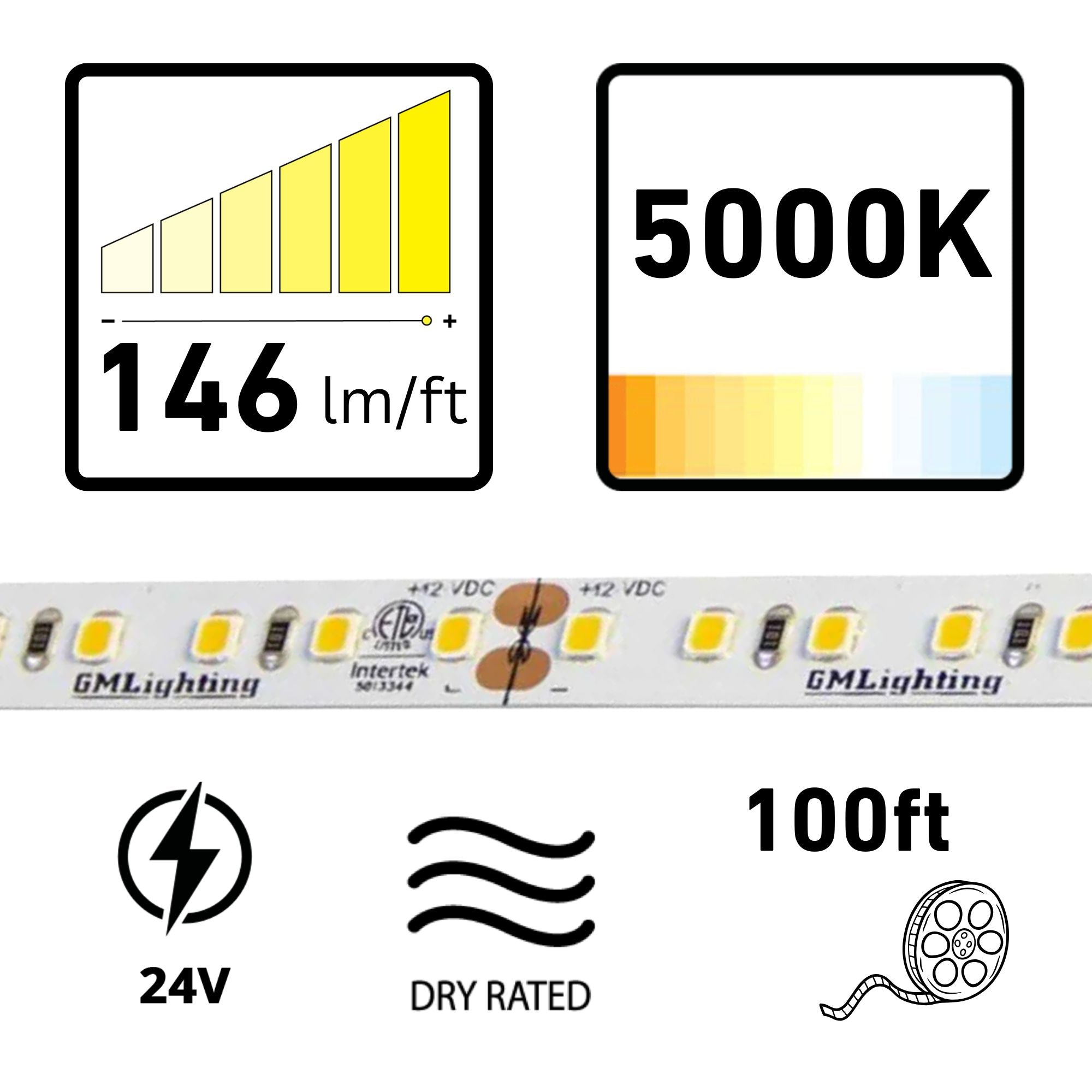 GM Lighting LTR-P PRO, 98'-6' LED Tape Light, 5000K, 146 Lumens/ft, 24V