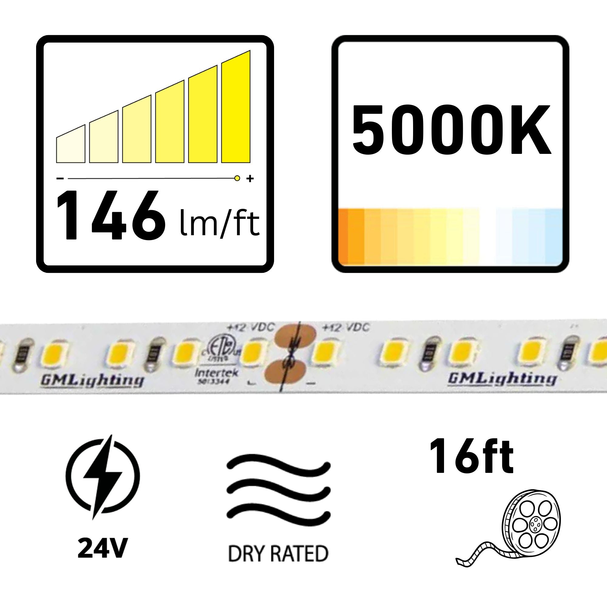 GM Lighting LTR-P PRO, 16'-4' LED Tape Light, 5000K, 146 Lumens/ft, 24V