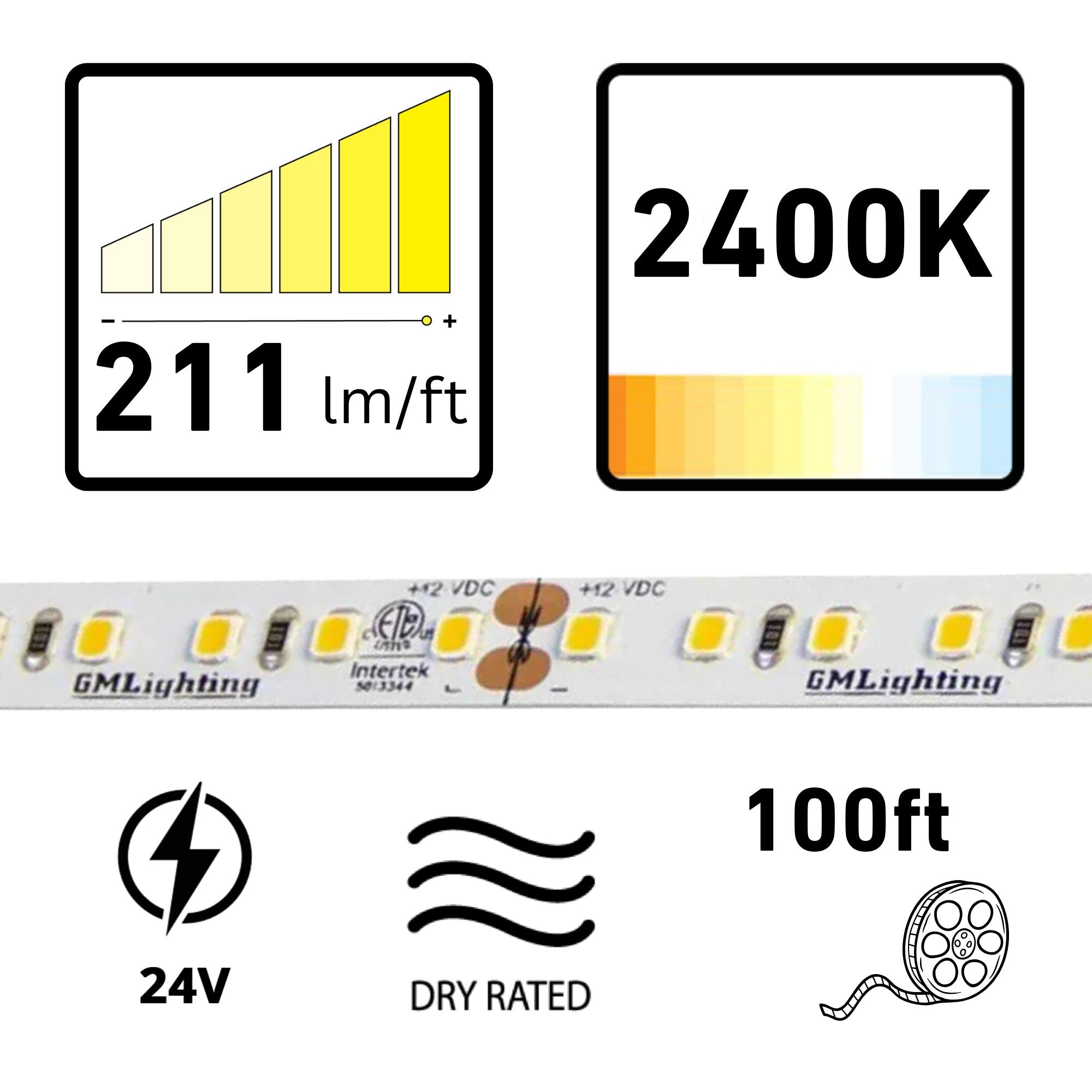 GM Lighting LTR-P PRO 98'-6' LED Tape Light, 2400K, 211 Lumens/ft, 24V
