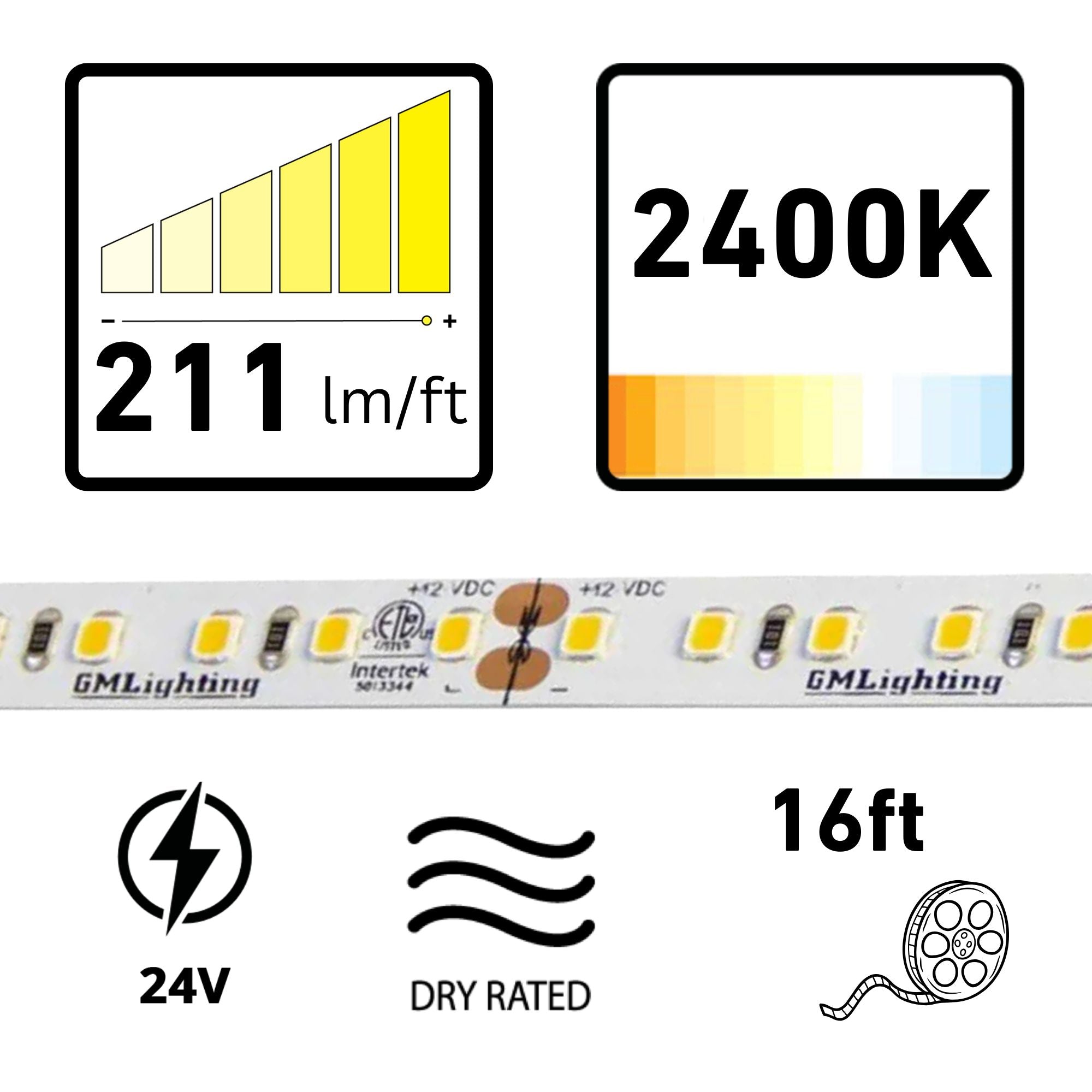 GM Lighting LTR-P PRO 16'-4' LED Tape Light, 2400K, 211 Lumens/ft, 24V