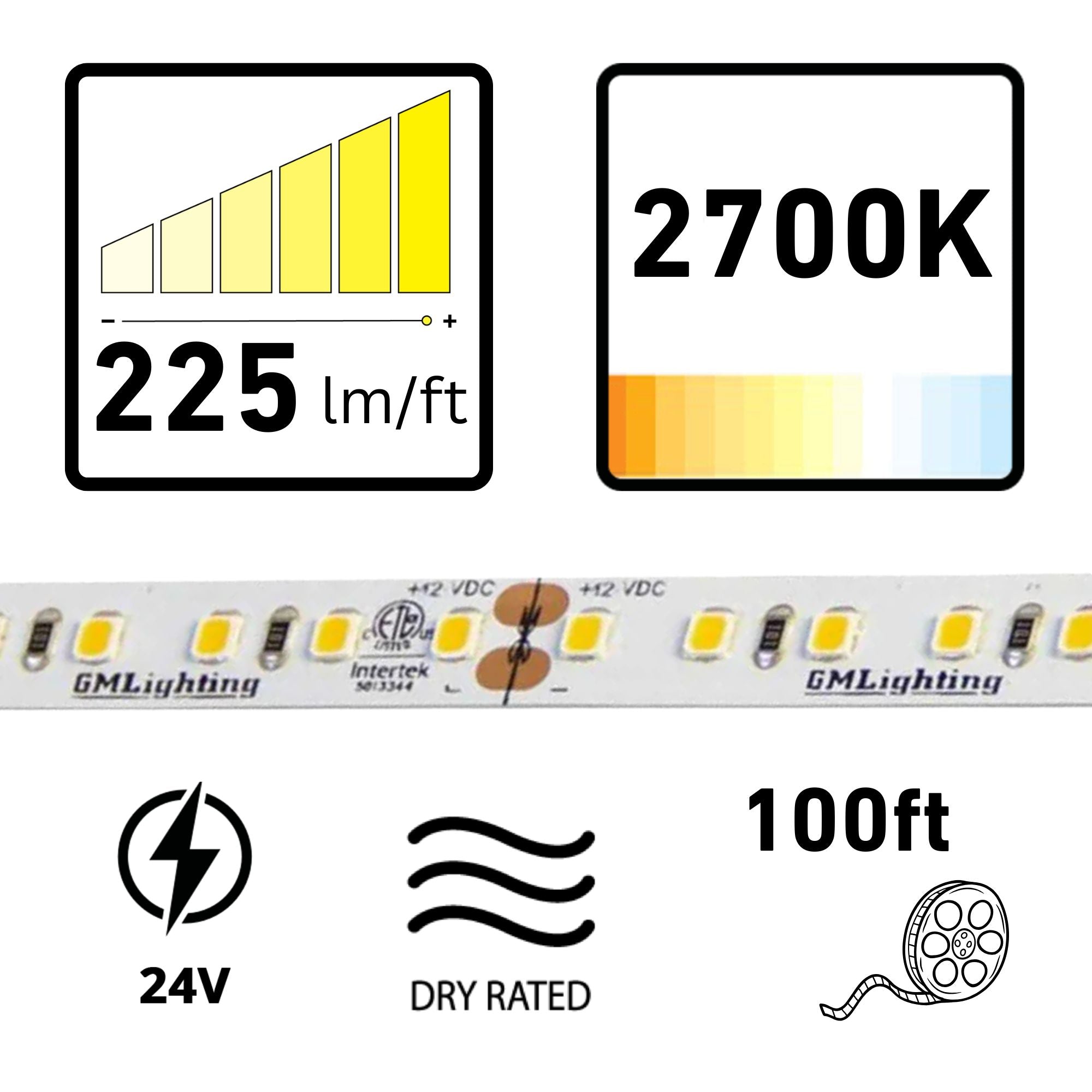 GM Lighting LTR-P PRO 100' LED Tape Light, 2700K, 225 Lumens/ft, 24V