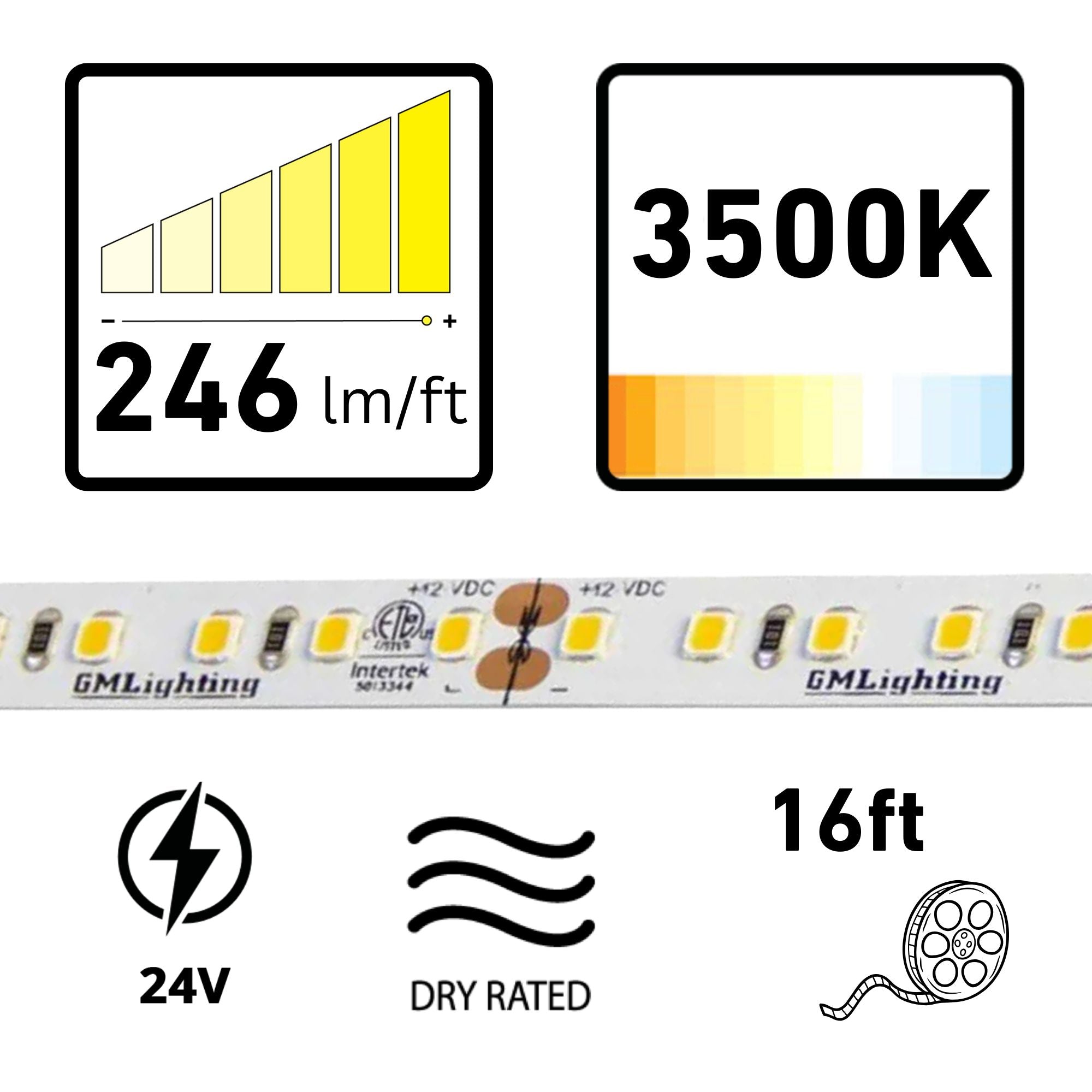 GM Lighting LTR-P PRO, 16'-4', LED Tape Light, 3500K, 246 Lumens/ft, 24V