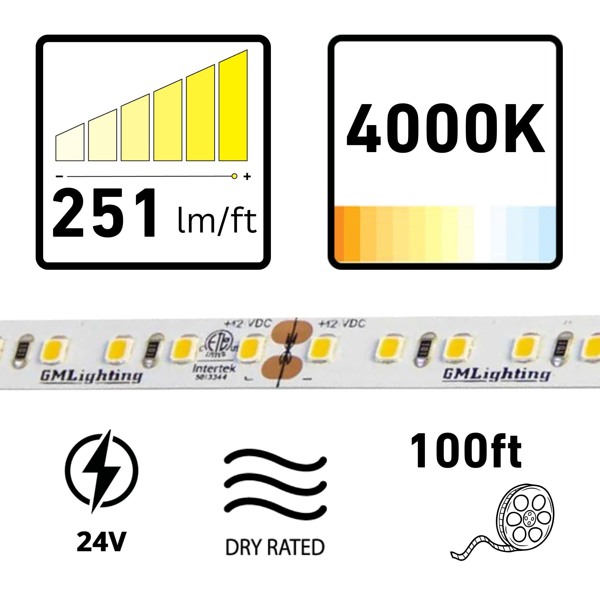 GM Lighting LTR-P PRO, 98'-6' LED Tape Light, 4000K, 251 Lumens/ft, 24V