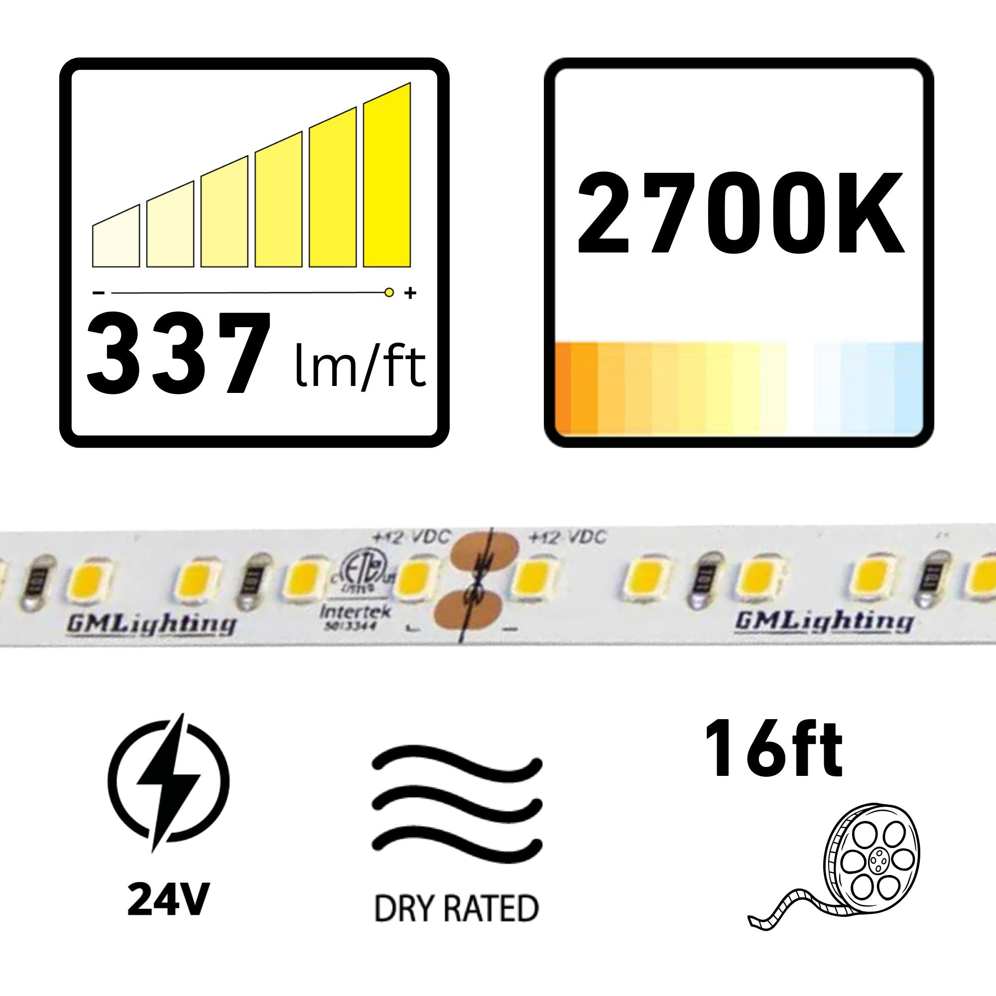 GM Lighting LTR-P PRO 16'-4' LED Tape Light, 2700K, 337 Lumens/ft, 24V