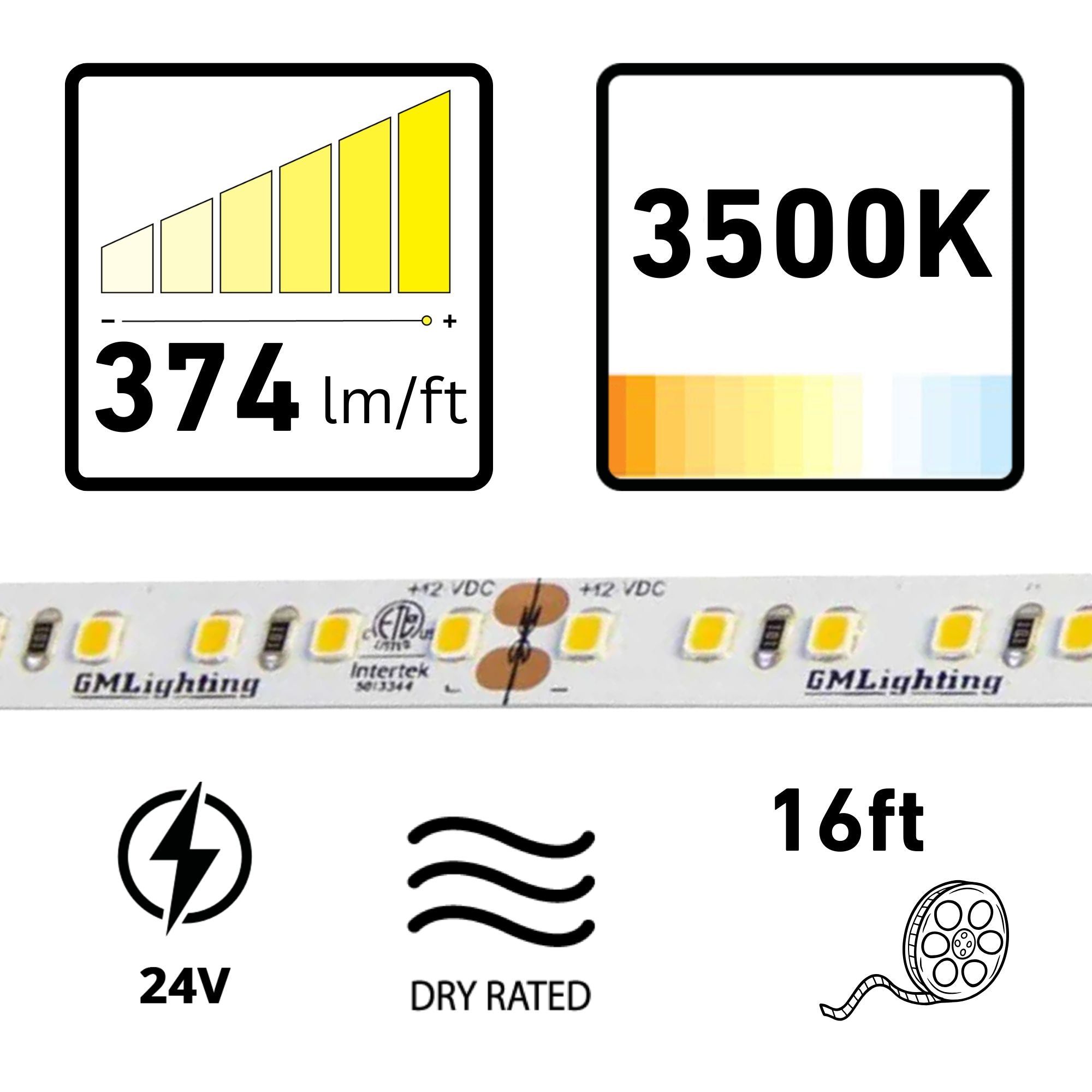 GM Lighting LTR-P PRO 16'-4" LED Tape Light, 3500K, 374 Lumens/ft, 24V