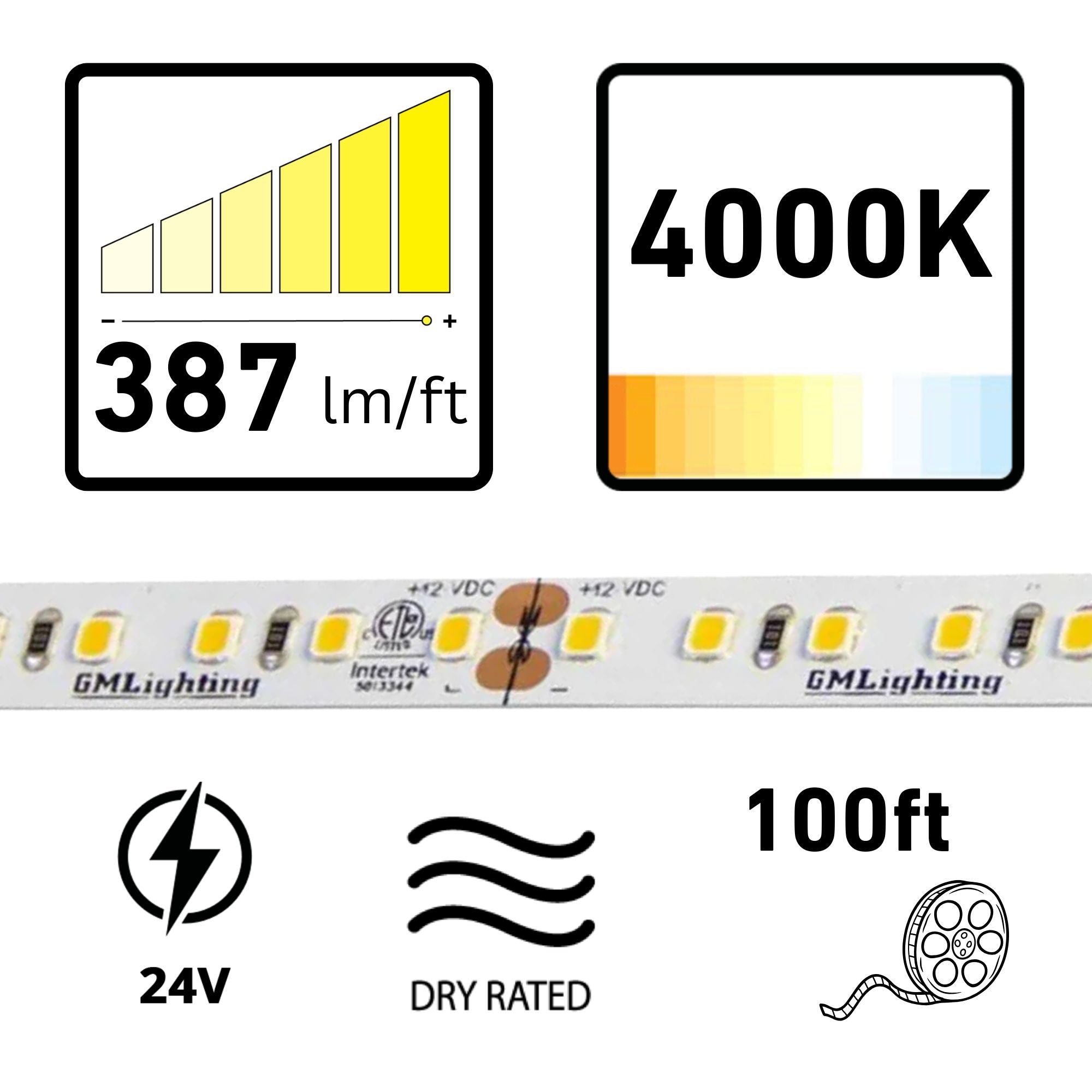 GM Lighting LTR-P PRO 100' LED Tape Light, 4000K, 387 Lumens/ft, 24V
