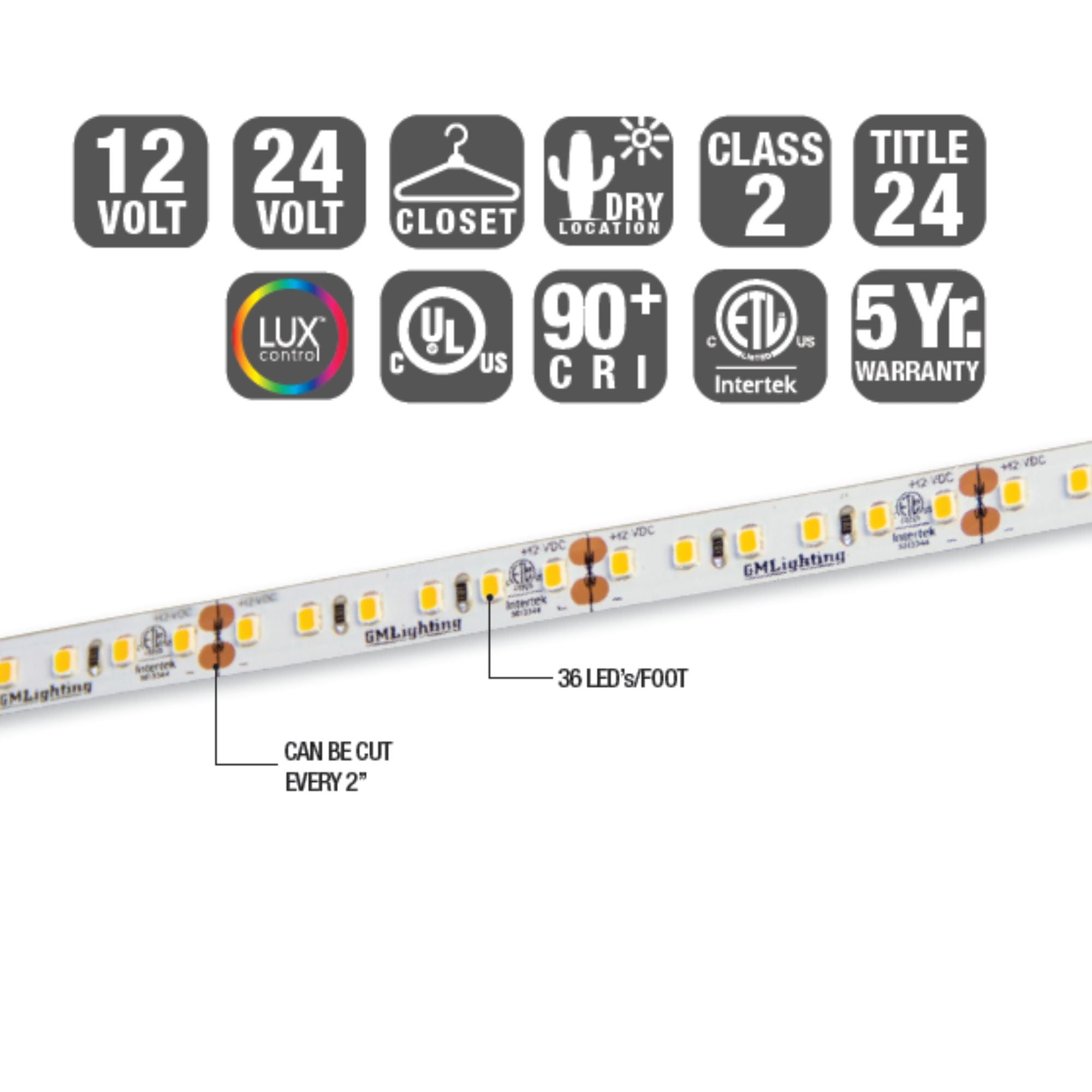 GM Lighting LTR-P PRO, 16'-4' LED Tape Light, 5000K, 254 Lumens/ft, 12V