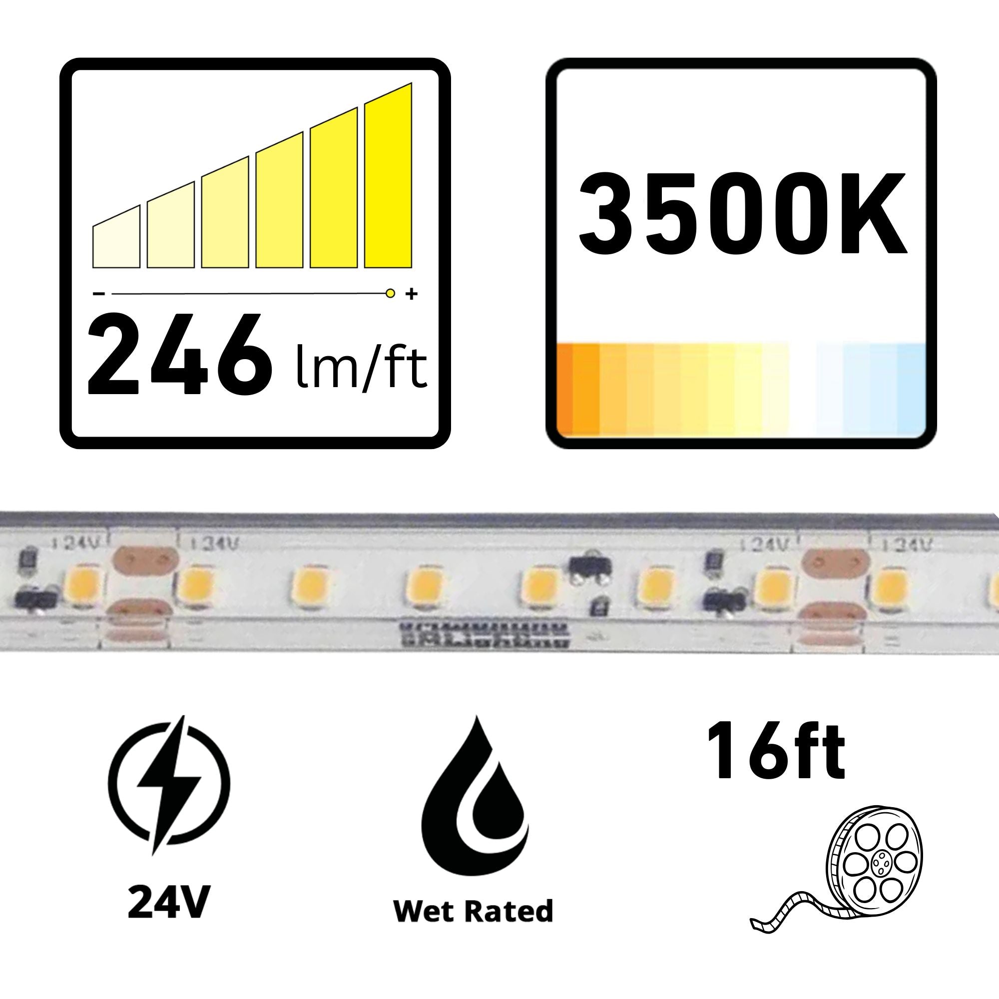 GM Lighting LTR-P PRO 16'-4' LED Tape Light, IP65 Wet, 3500K, 246 Lumens/ft, 24V