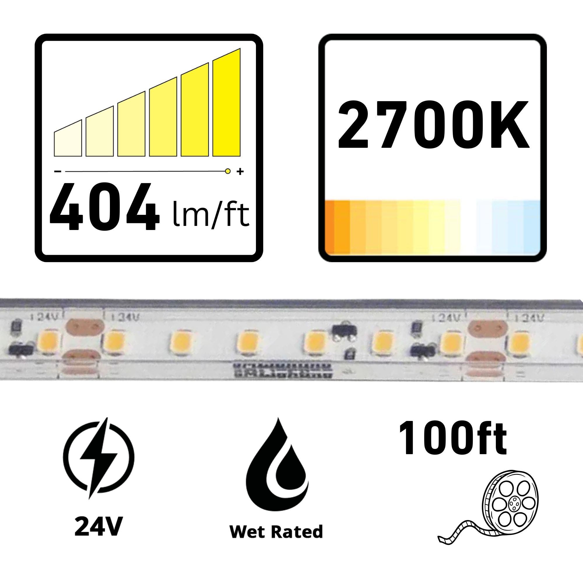 GM Lighting LTR-P PRO 98'-6' LED Tape Light, IP65 Wet, 2700K, 404 Lumens/ft, 24V