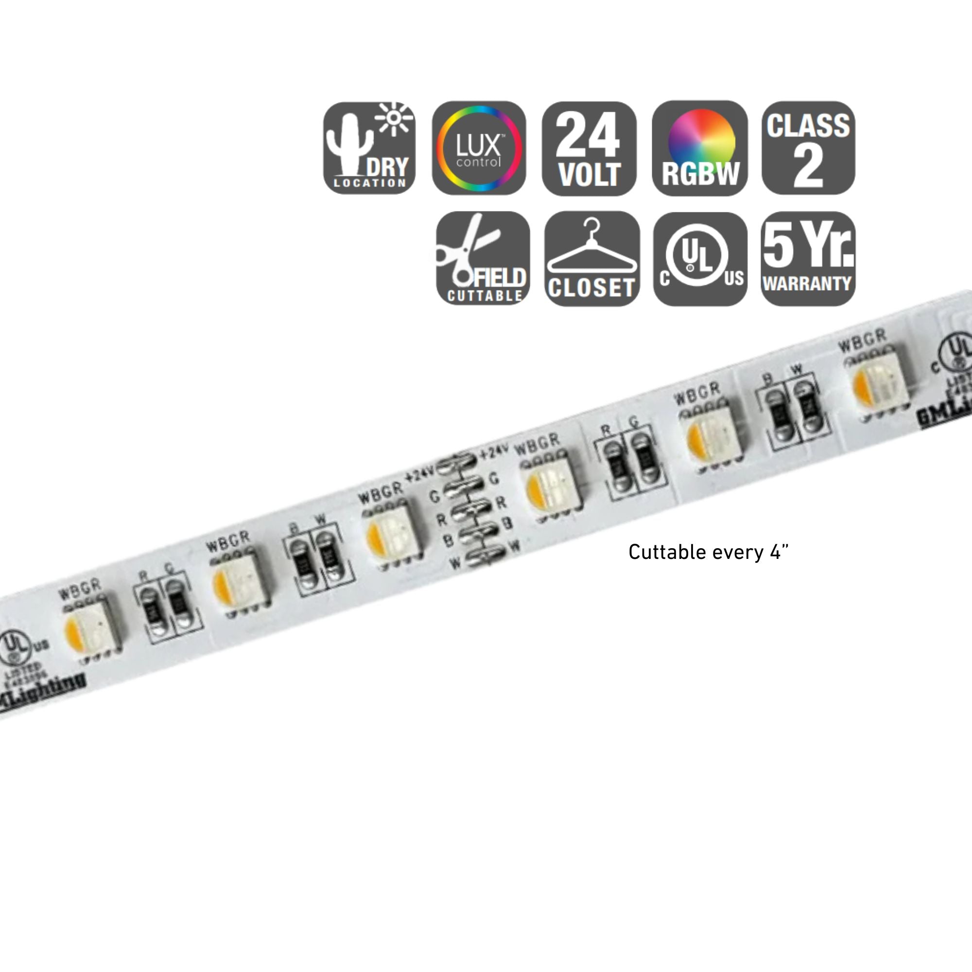 GM Lighting LTR-S SPEC 16'-4' LED Tape Light, RGBW, 210 Lumens/ft, 24V