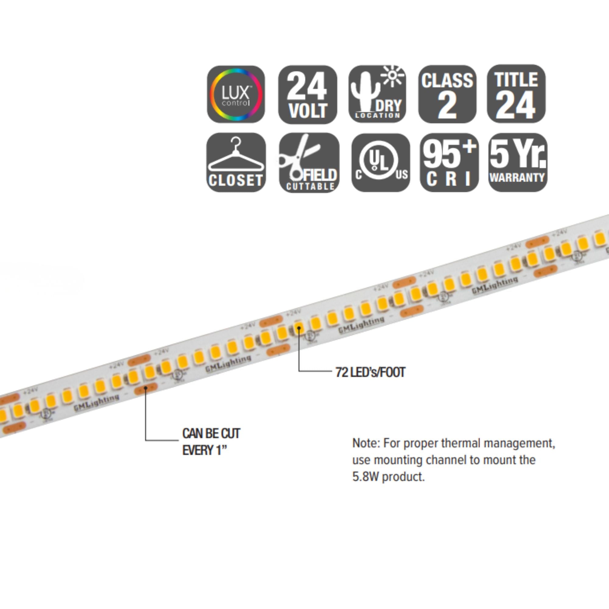GM Lighting LTR-S SPEC 16' LED Tape Light, 3000K, 200 Lumens/ft, 24V