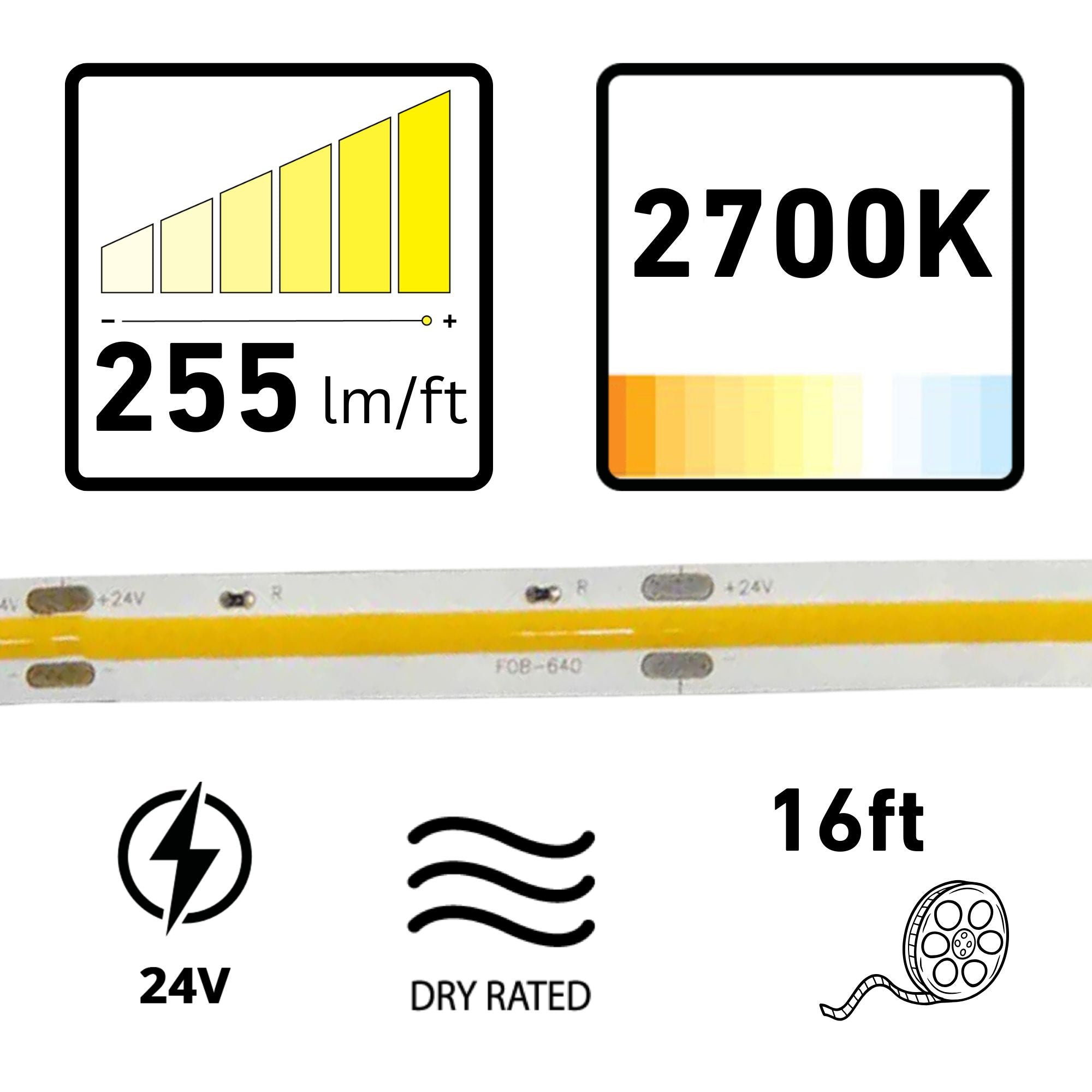 GM Lighting LTR S COB, 16'-4' LED Tape Light, 2700K, 255 Lumens/ft, 24V