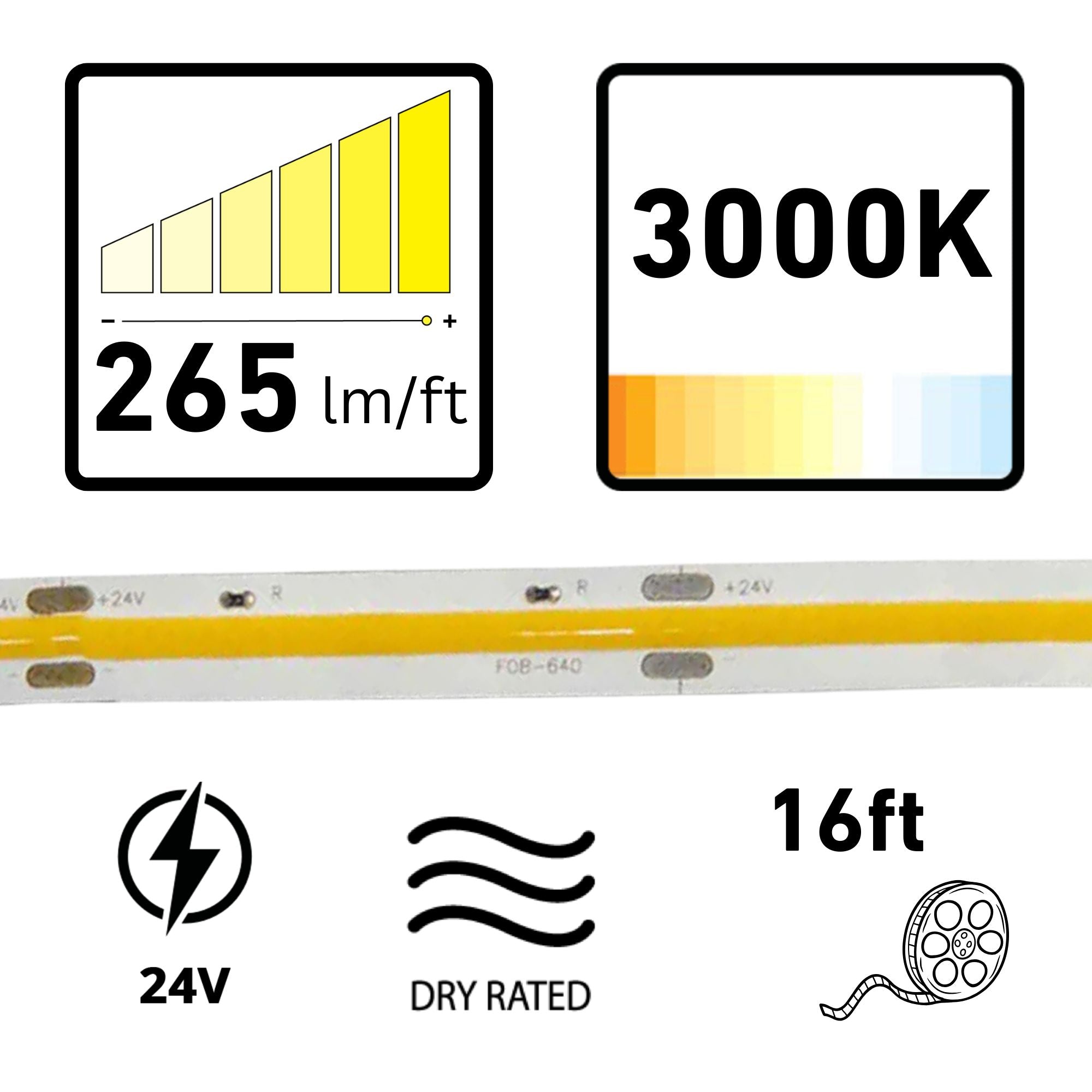 GM Lighting LTR S COB, 16'-4' LED Tape Light, 3000K, 265 Lumens/ft, 24V