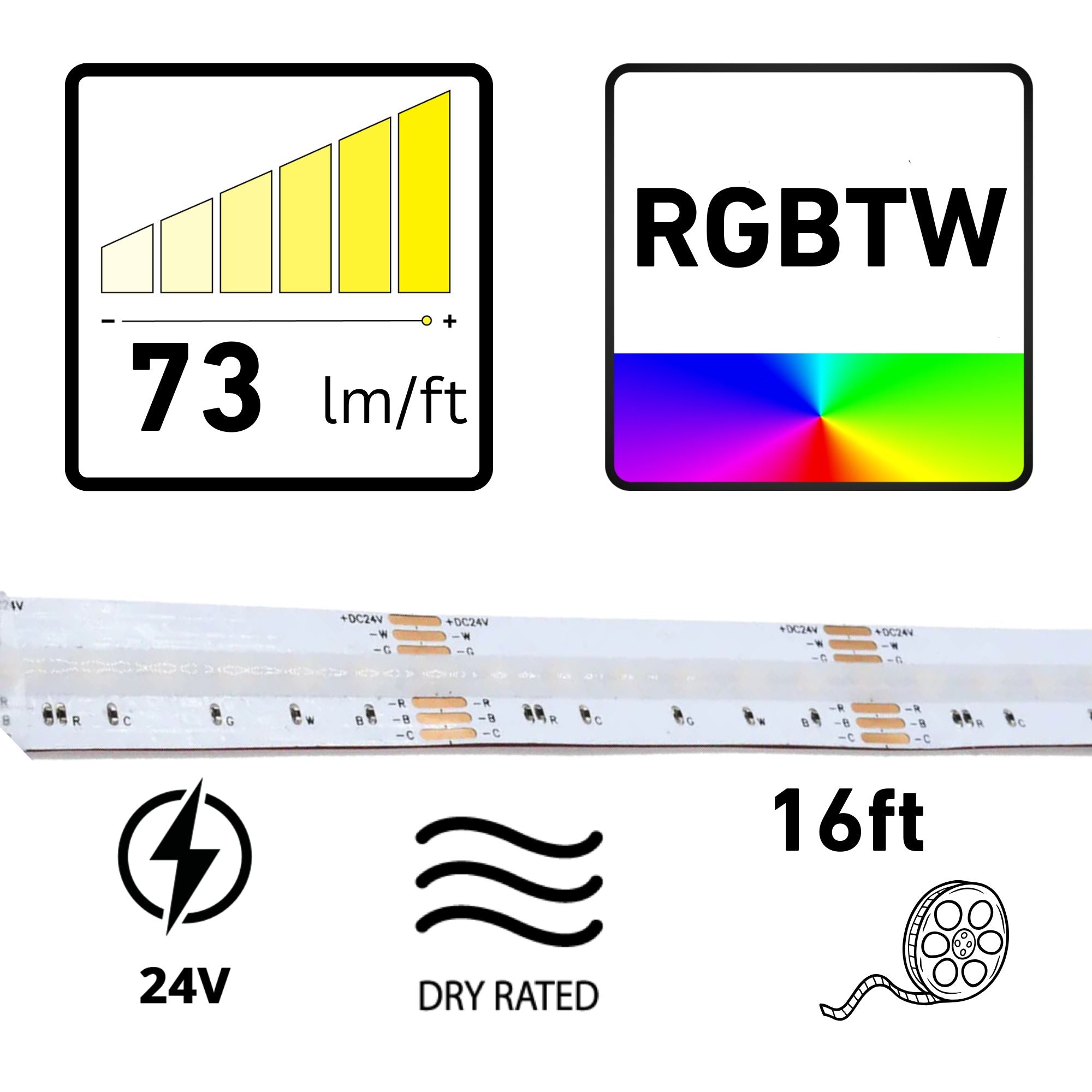 GM Lighting LTR S COB 16' LED Tape Light, RGB, Tunable White, 90+ CRI, 24V
