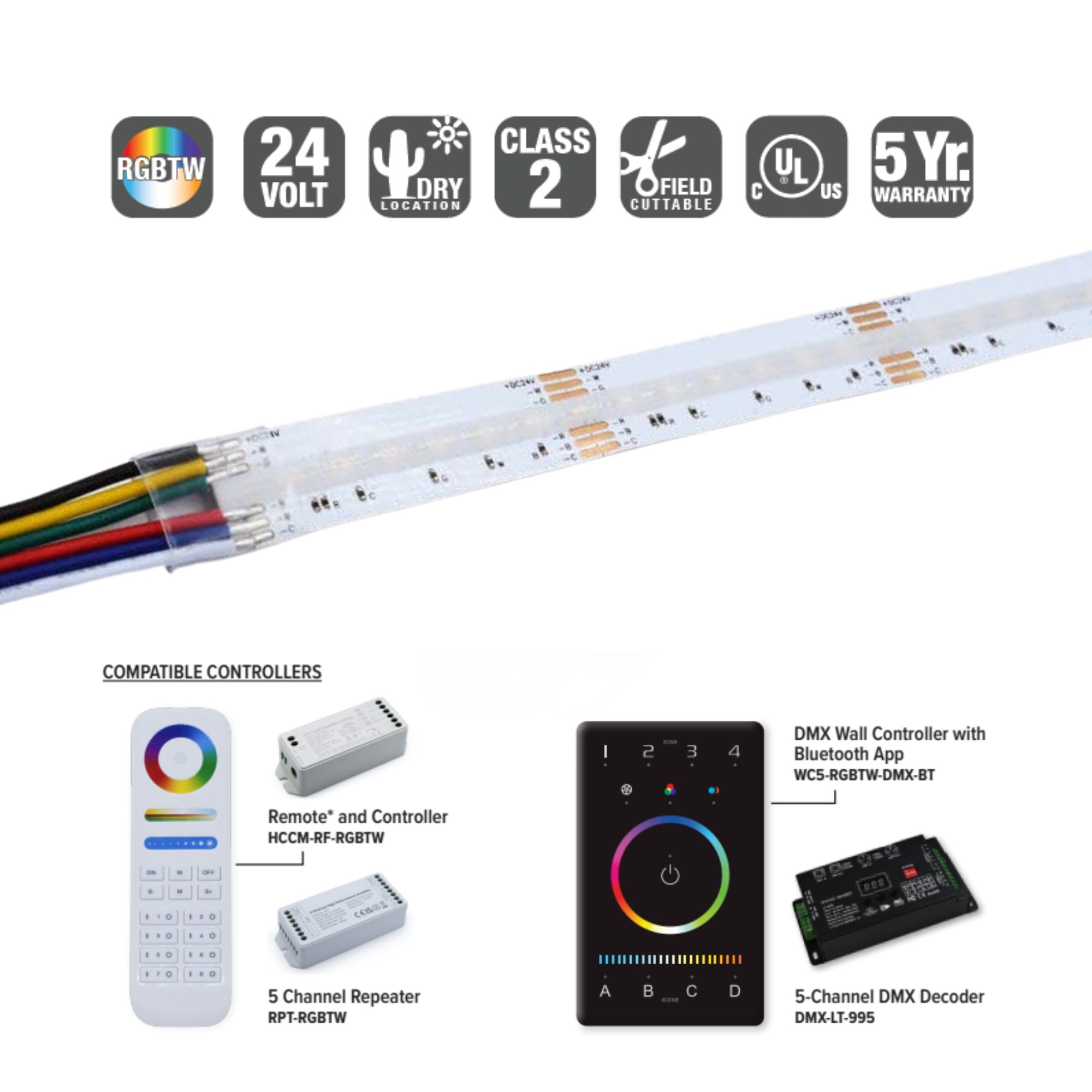 GM Lighting LTR S COB 16' LED Tape Light, RGB, Tunable White, 90+ CRI, 24V