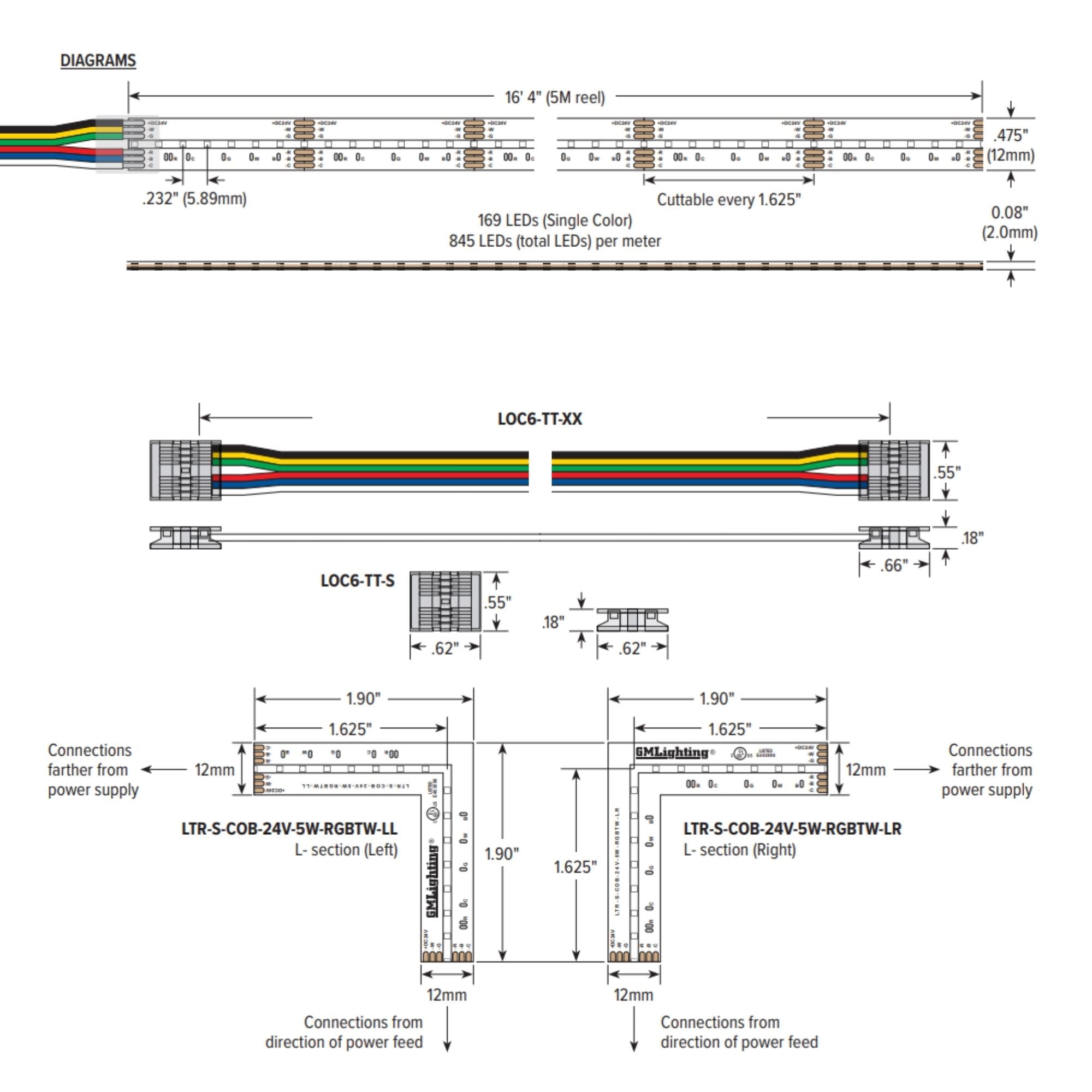 GM Lighting LTR S COB 16' LED Tape Light, RGB, Tunable White, 90+ CRI, 24V