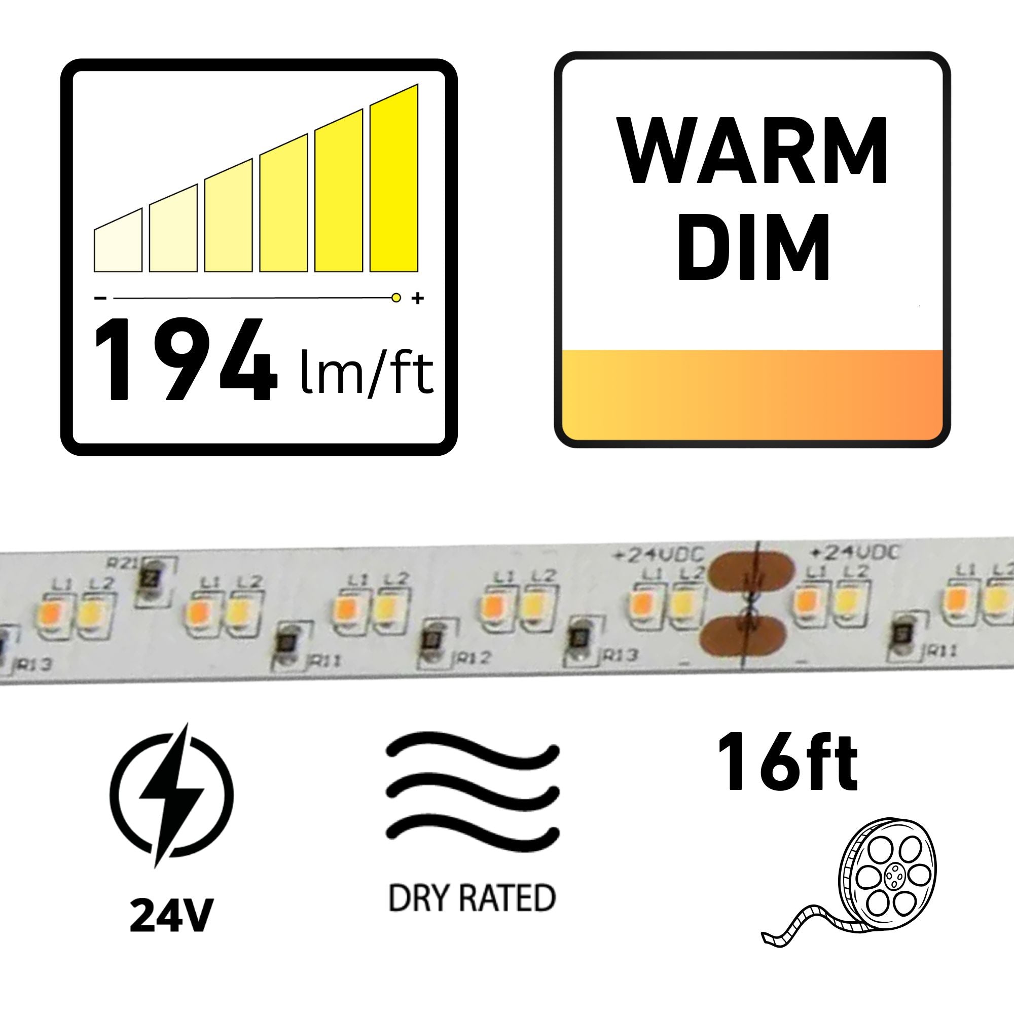 GM Lighting LTR-S SPEC, 16'4' LED Tape Light, Warm Dim, 194 Lumens/ft, 24V