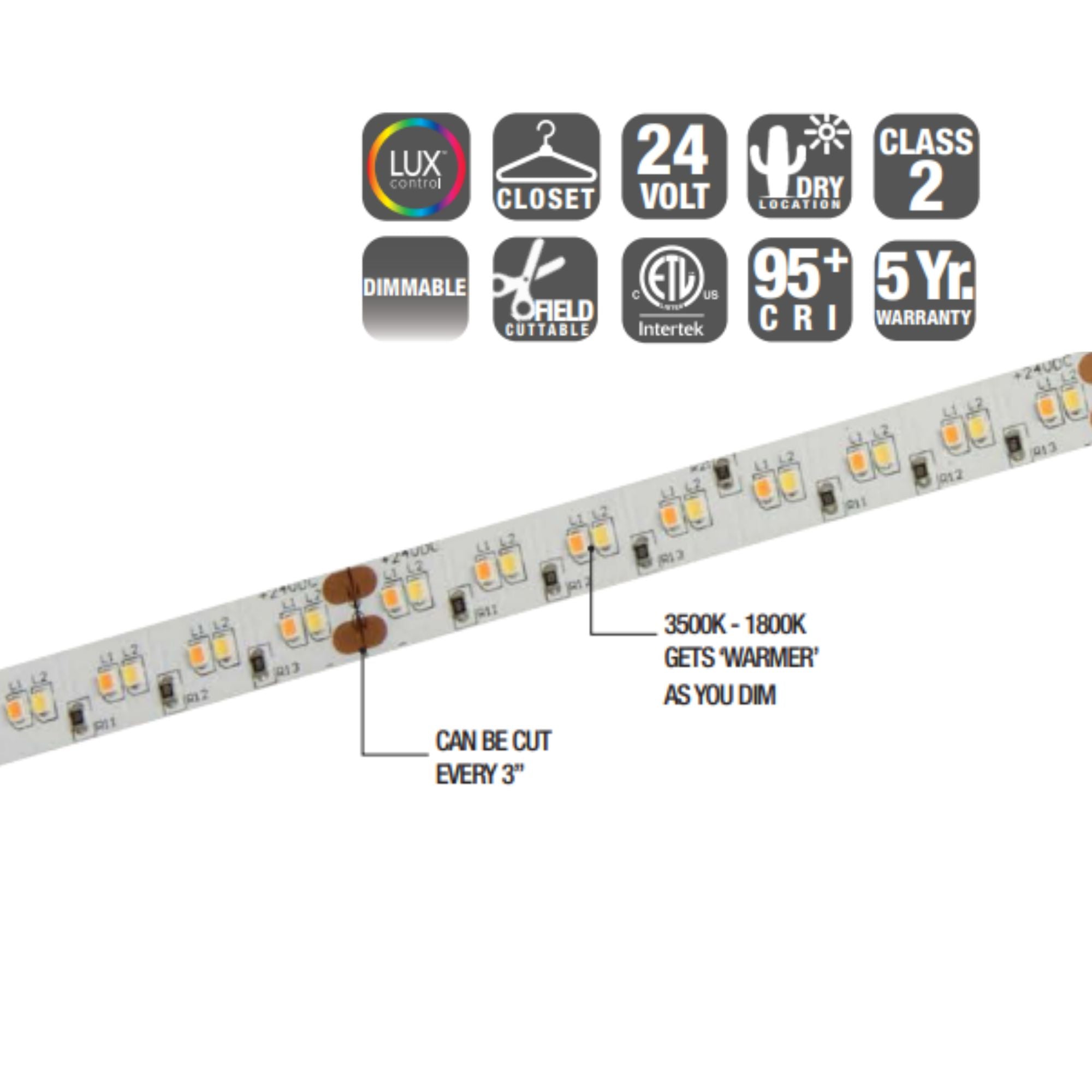 GM Lighting LTR-S SPEC, 16'4' LED Tape Light, Warm Dim, 194 Lumens/ft, 24V