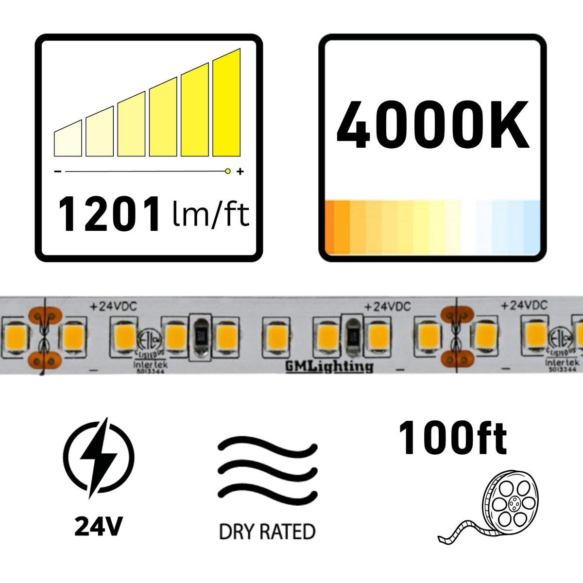 GM Lighting LTR-S SPEC, 98'6in. LED Tape Light, 4000K, 1201 Lumens/ft, 24V