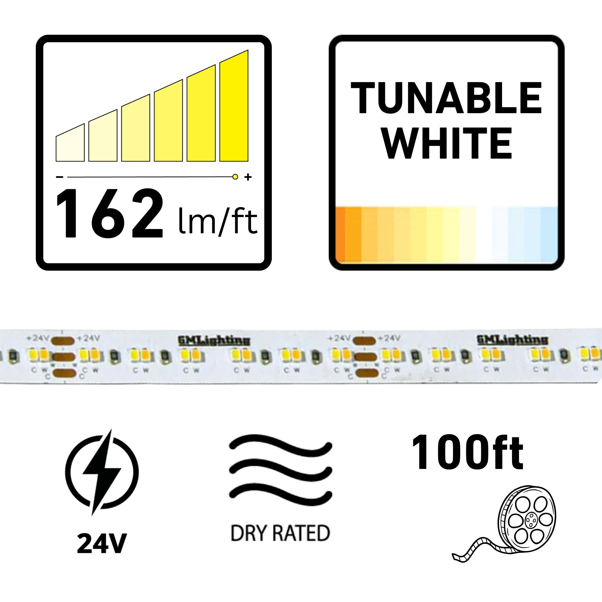 GM Lighting LTR-S SPEC 98'-6" LED Tape Light, Tunable White, 162 Lumens/ft, 24V
